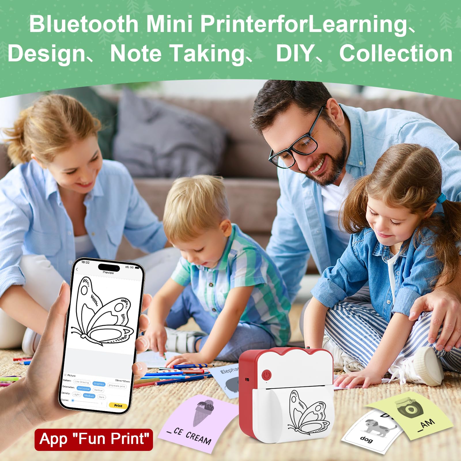 Mini Impresora para Movil, Navidad Impresora Fotográfica con 13 Rollos de Papel, Portátil Mini Impresora Bluetooth Inalámbrico Impresora Térmica, Movil Impresora Fotos, para Fotos Nota, Imagen