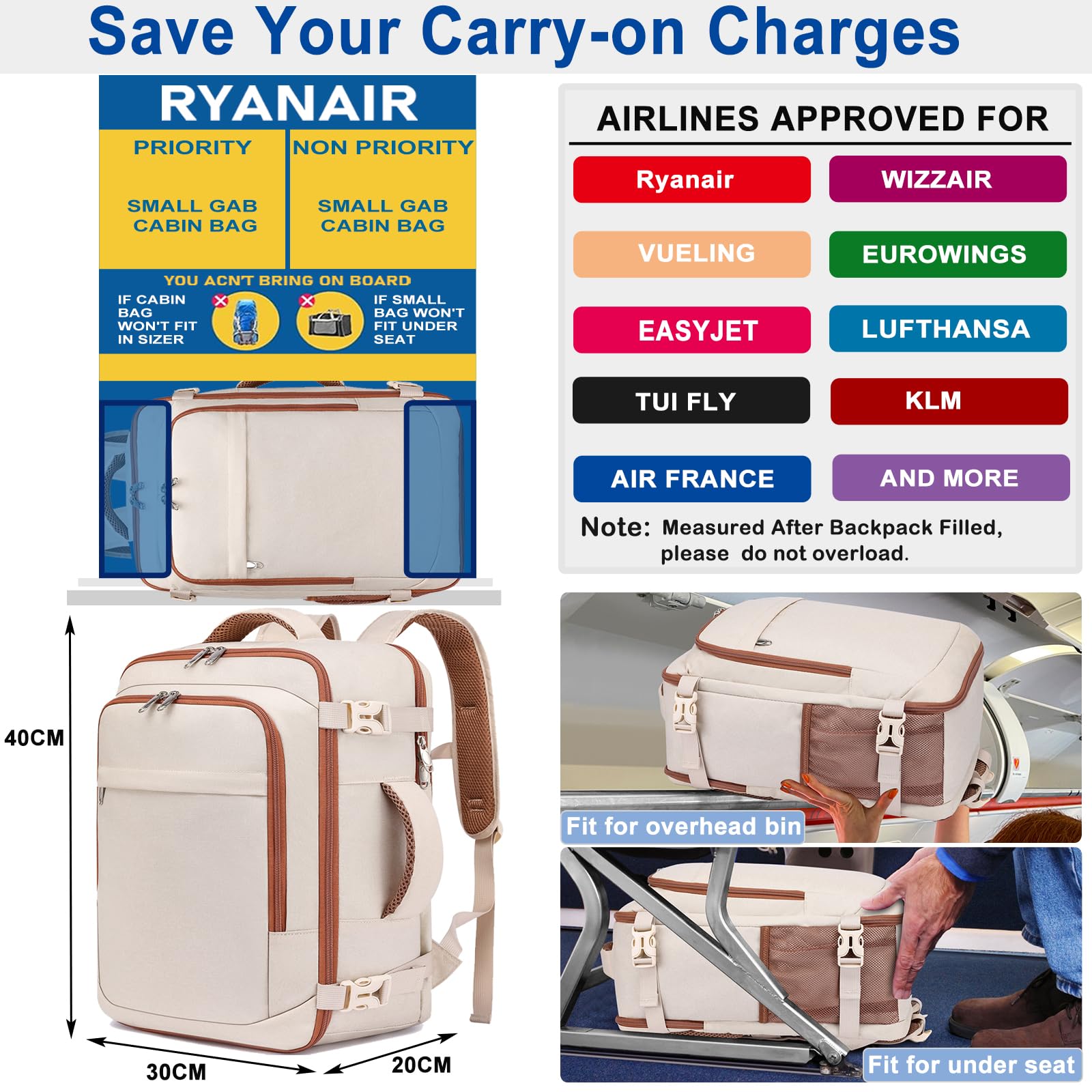 ENZOSUM Zaino da Viaggio per Donna,Zaino 40x30x20,Bagaglio a Mano 40x30x20 per Ryanair Wizz Air Eurowings EasyJet Borsa da Cabina Porta PC 15.6 Pollici,Beige