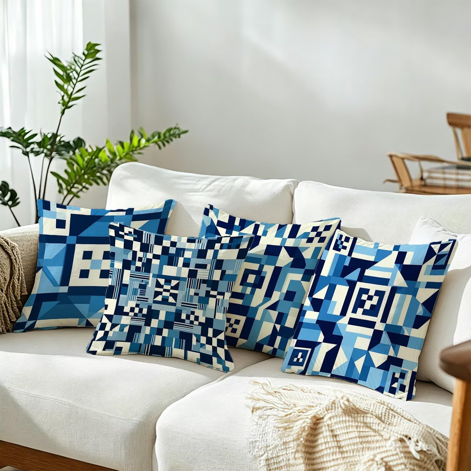 Blu Federe Cuscini Divano 60x60cm, Cuscini da Esterno Set de 4, Cod-47 | Velour Copricuscini Decorativi Letto Arredo, per Letto, Soggiorno, Giardino, Esterno, Casa Decorazione Set di 4 Geometria