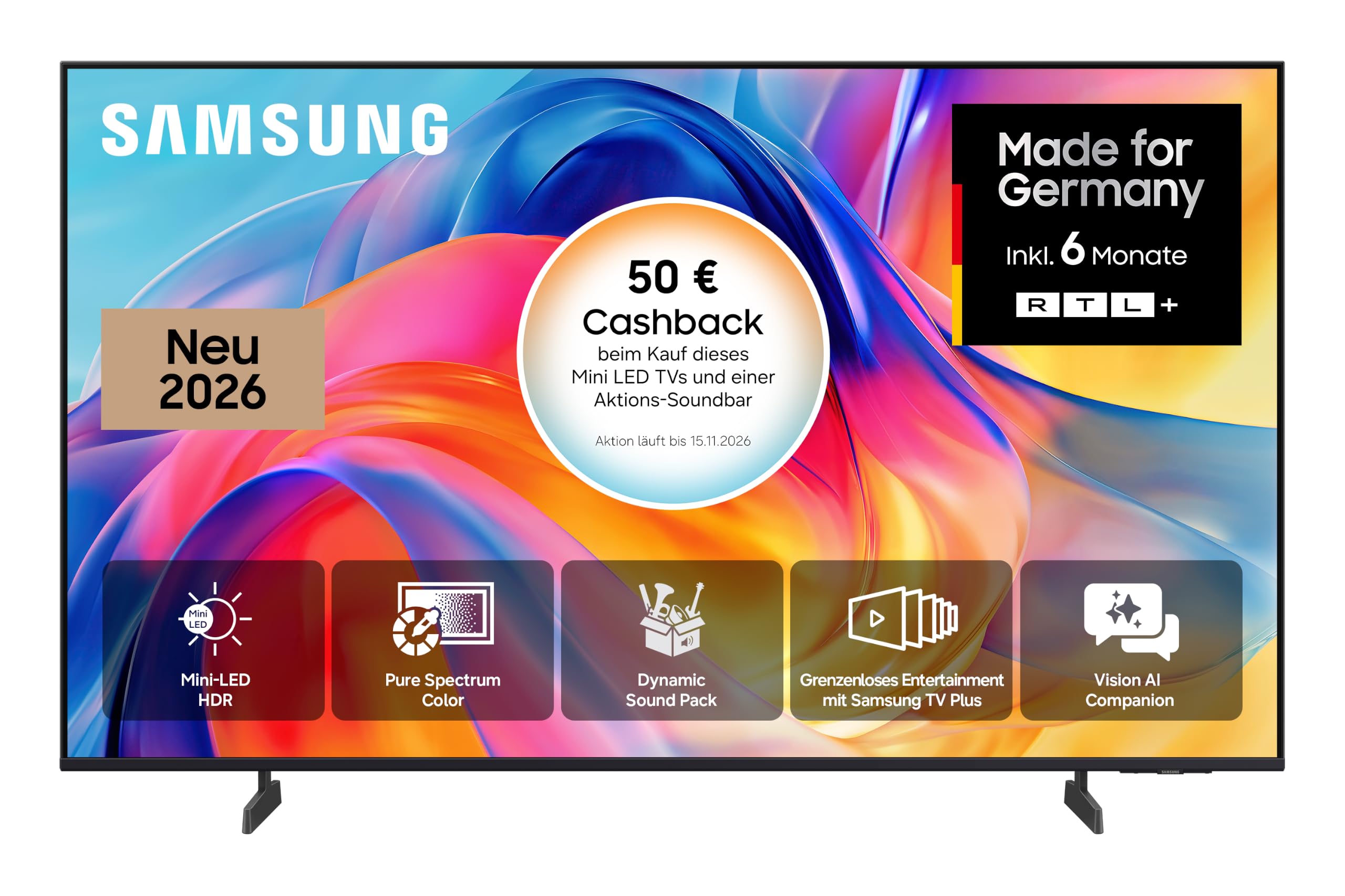 Samsung Mini LED M70H 4K 43 Zoll (108 cm), UHD Fernseher, Mini LED HDR für beeindruckende Details, Motion Xcelerator 144Hz, Dynamik Sound Pack, AI Companion für Fragen, kostenlos 900 Sender, Smart TV