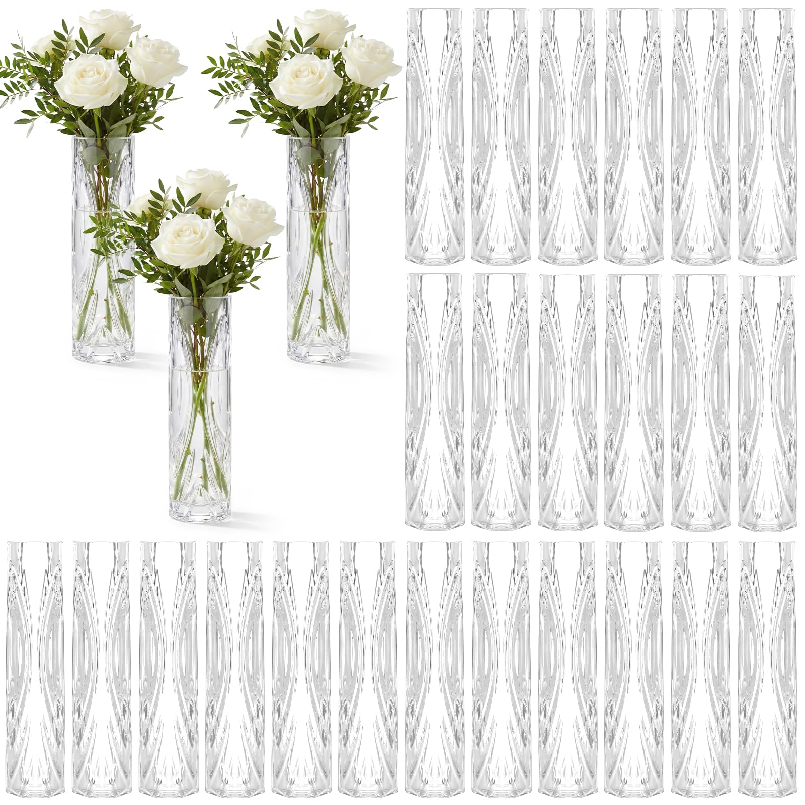 Photo 1 of Ninehaoou 24 Pcs Plastic Bud Vases in Bulk Clear Small Flowers Vases for Centerpieces Wedding Decorations Home Banquet Formal Dinners Party Table Decor Office Ornaments (1.2 * 5.5inch,Pattern)