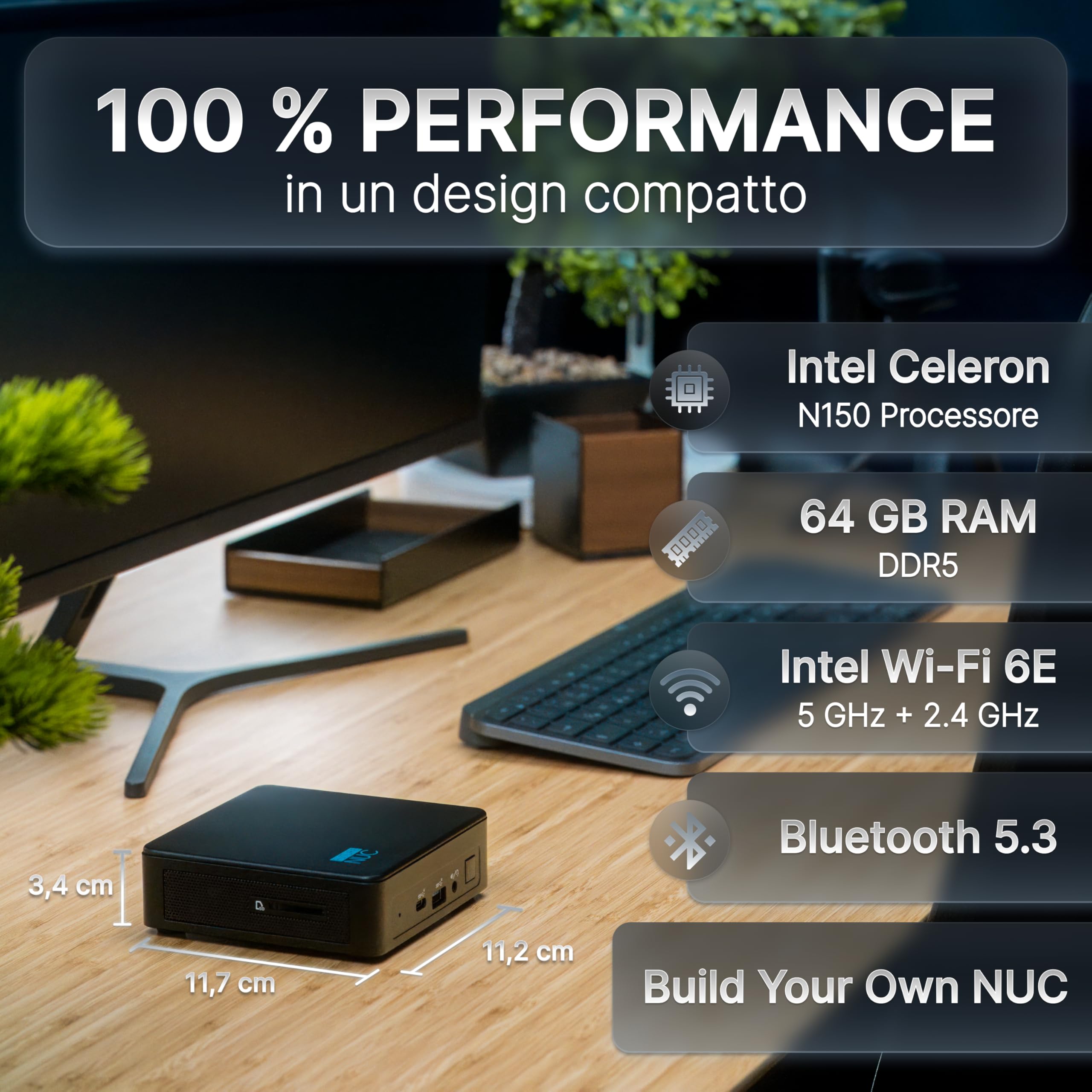 Mini-PC Intel® Celeron™ N150 • con 8 GB DDR5 RAM, 256 GB SSD, Windows 11Pro • Grafica UHD • WiFi 6E, GB-LAN 1,0 Gbit/s • HDMI 2.1 & USB-C • PC compatto per Home & Office