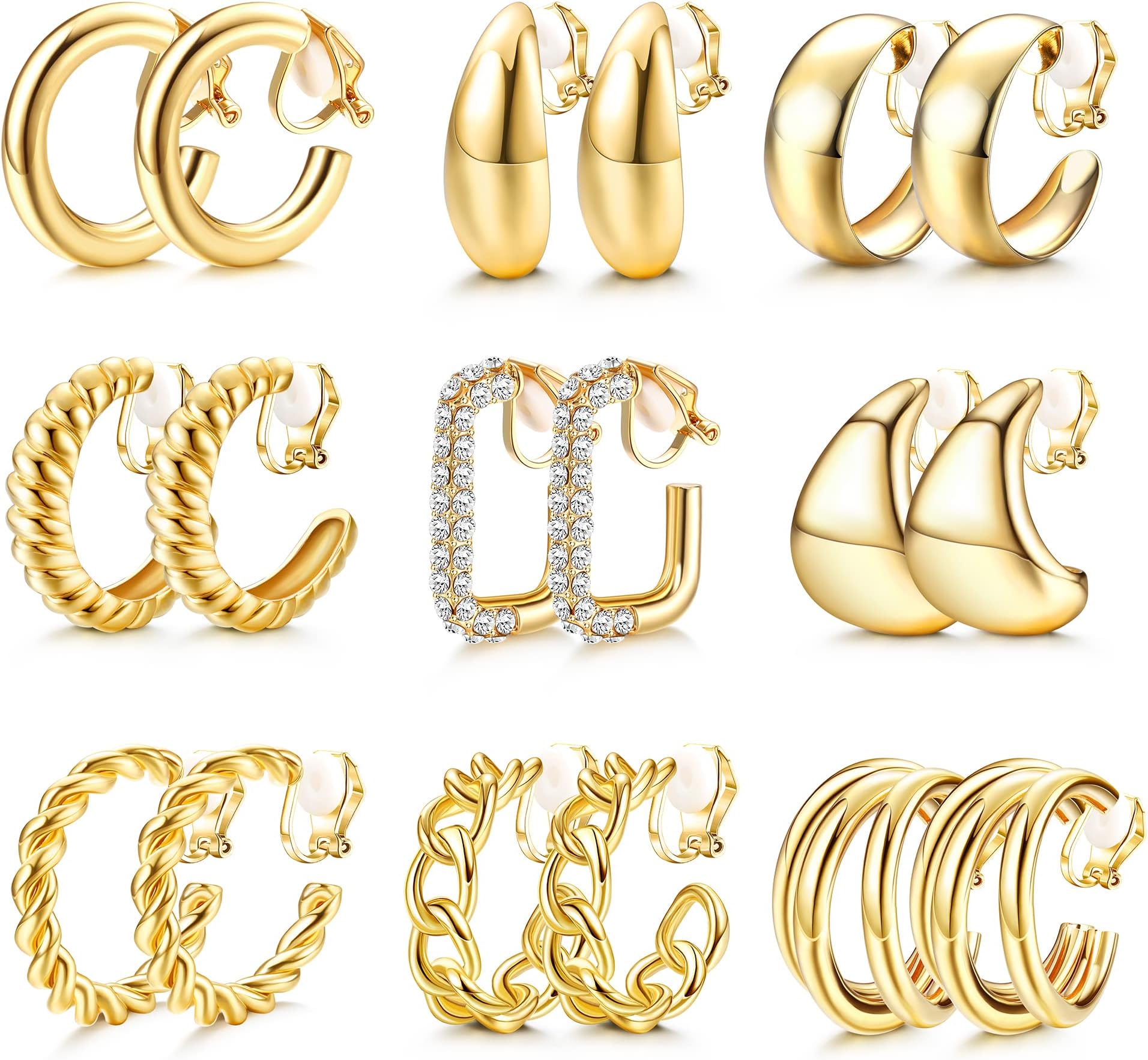 9 Pairs Gold Clip on Earrings for Women 14K Gold Plated Waterdrop Chunky Clip on Hoop Earrings No Piercing Fake Earrings Set
