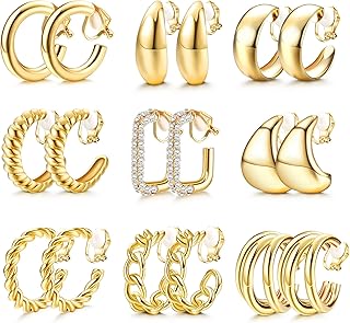 YADOCA 9 Pairs Gold Clip on Earrings for Women 14K Gold Plated Waterdrop Chunky