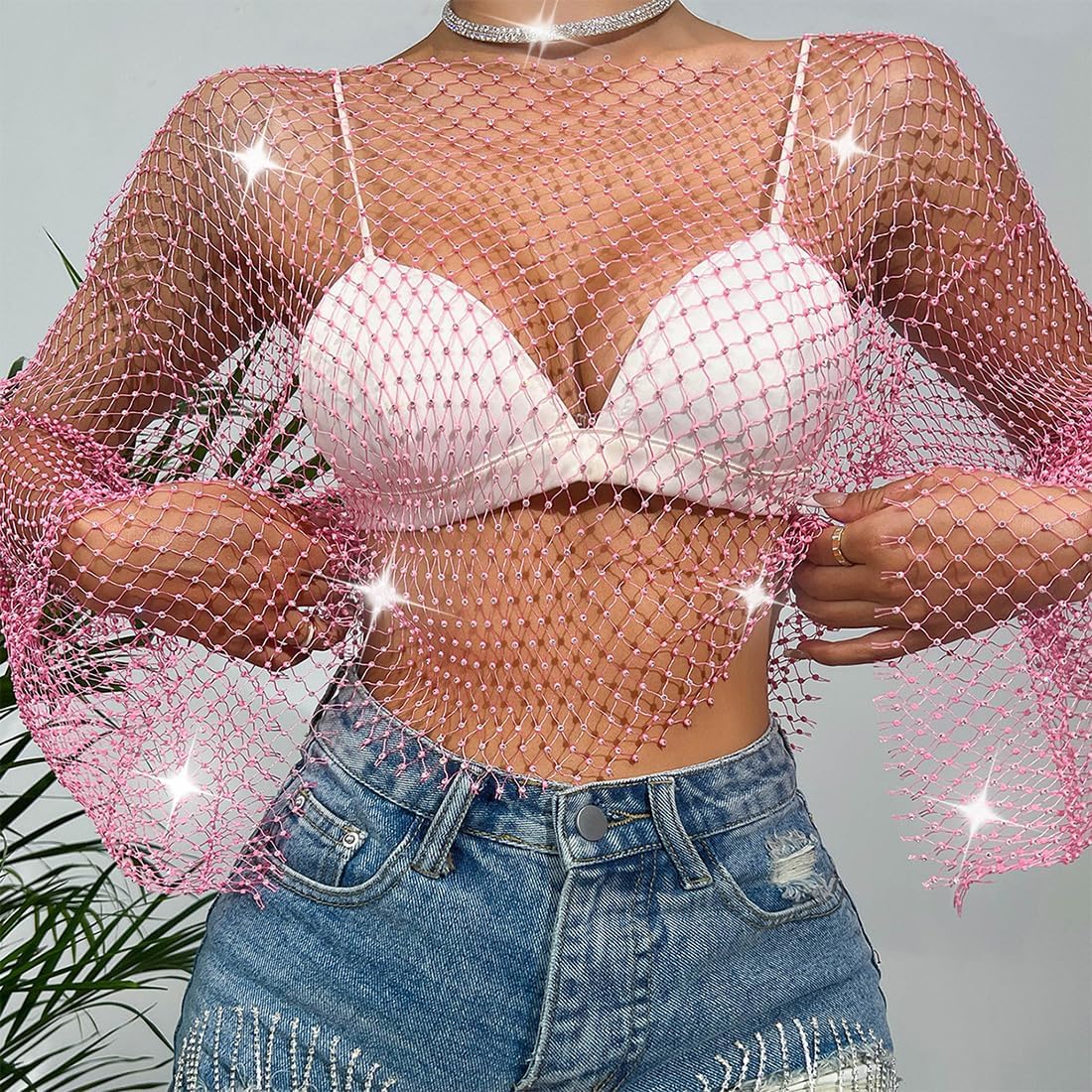 ABAFIP Women's Sparkly Rhinestone Crop Top Long Sleeve Mesh Bikini Cover up Fishnet Shirts Rave Tops - Image 4