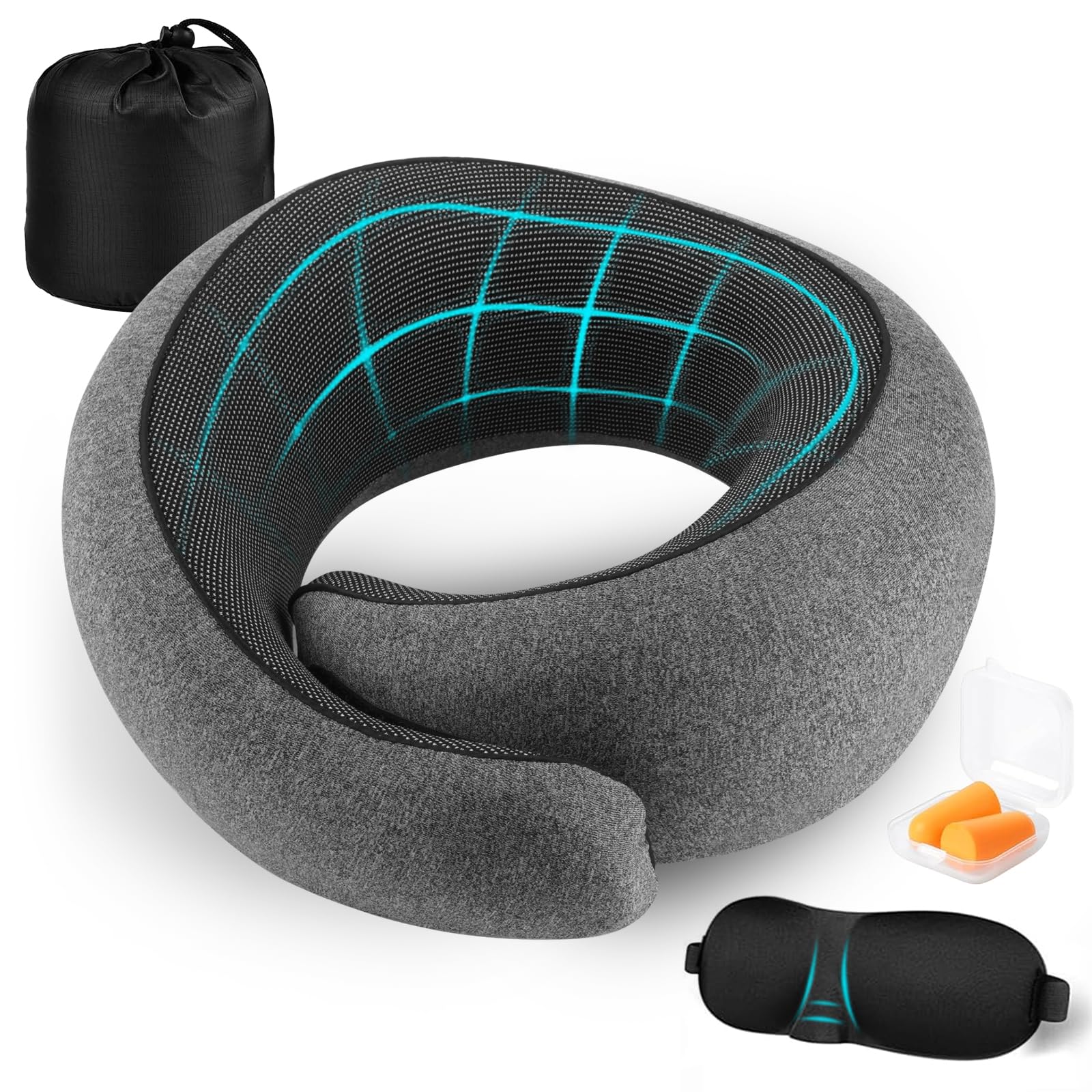 GOLXUWO GOLXUWO Almohada de Viaje para Cuello,Almohada Cuello Viscoelastica de Espuma Memoria Cojin de Viaje Cuello con Máscara de Ojos Tapones y Bolsa Cojin Viaje para Avión/Coche/Oficina