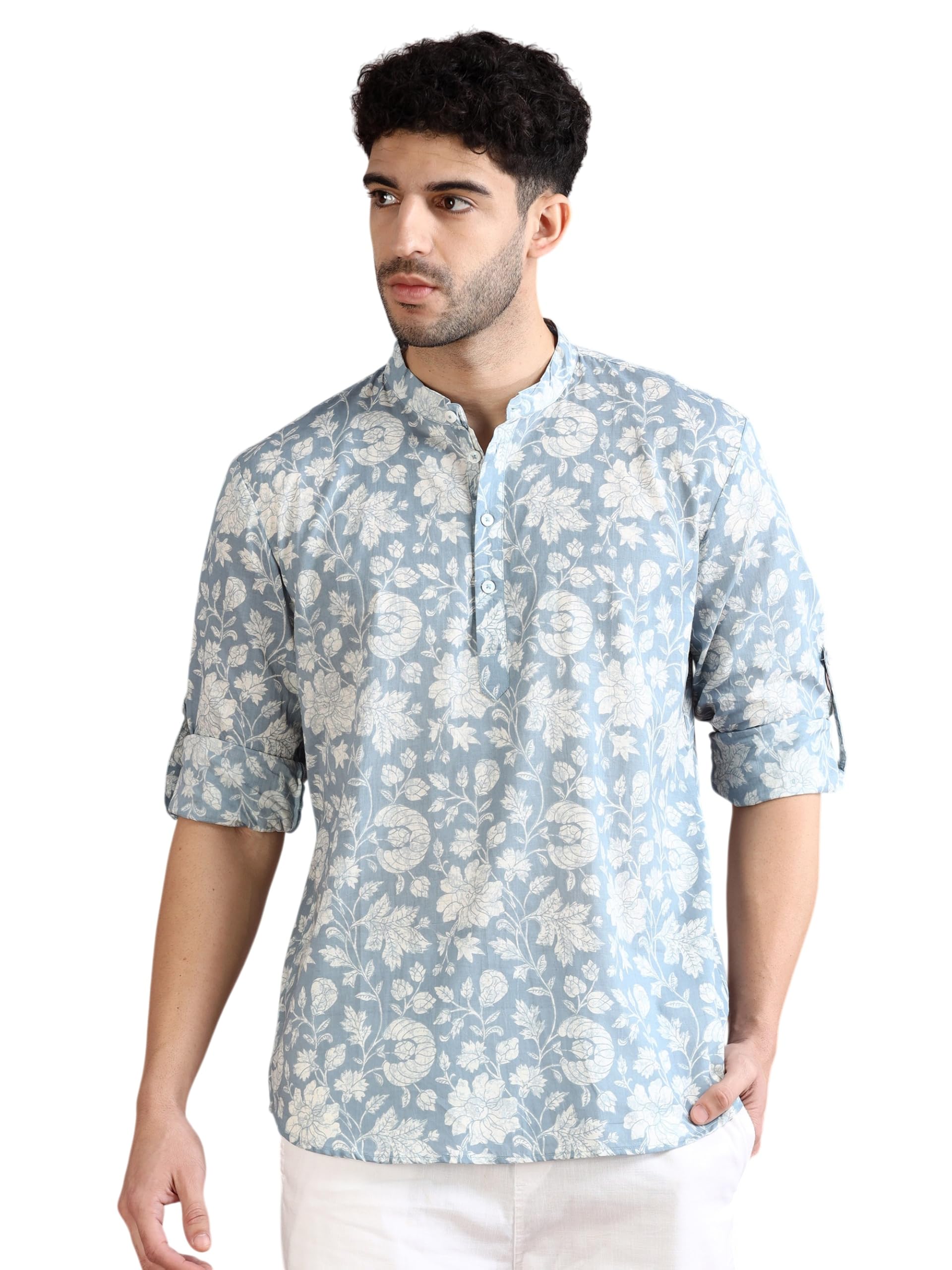 Men's |Pure Cotton All Over Printed Short Kurta | Full Roll-Up Sleeves | Mandarin Collar | Button Closure | Regular Fit-image-44