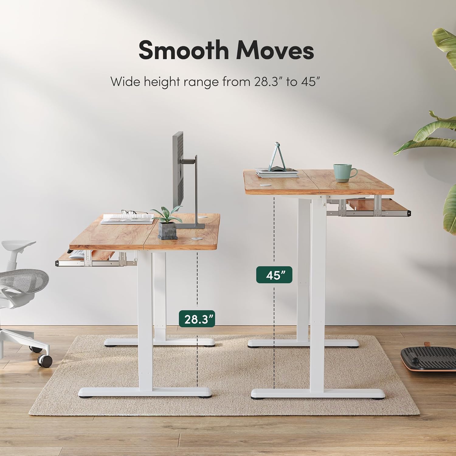 Two FEZIBO standing desks, one at its lowest height of 28.3 inches and one at its highest height of 45 inches, demonstrating the smooth height adjustment range.