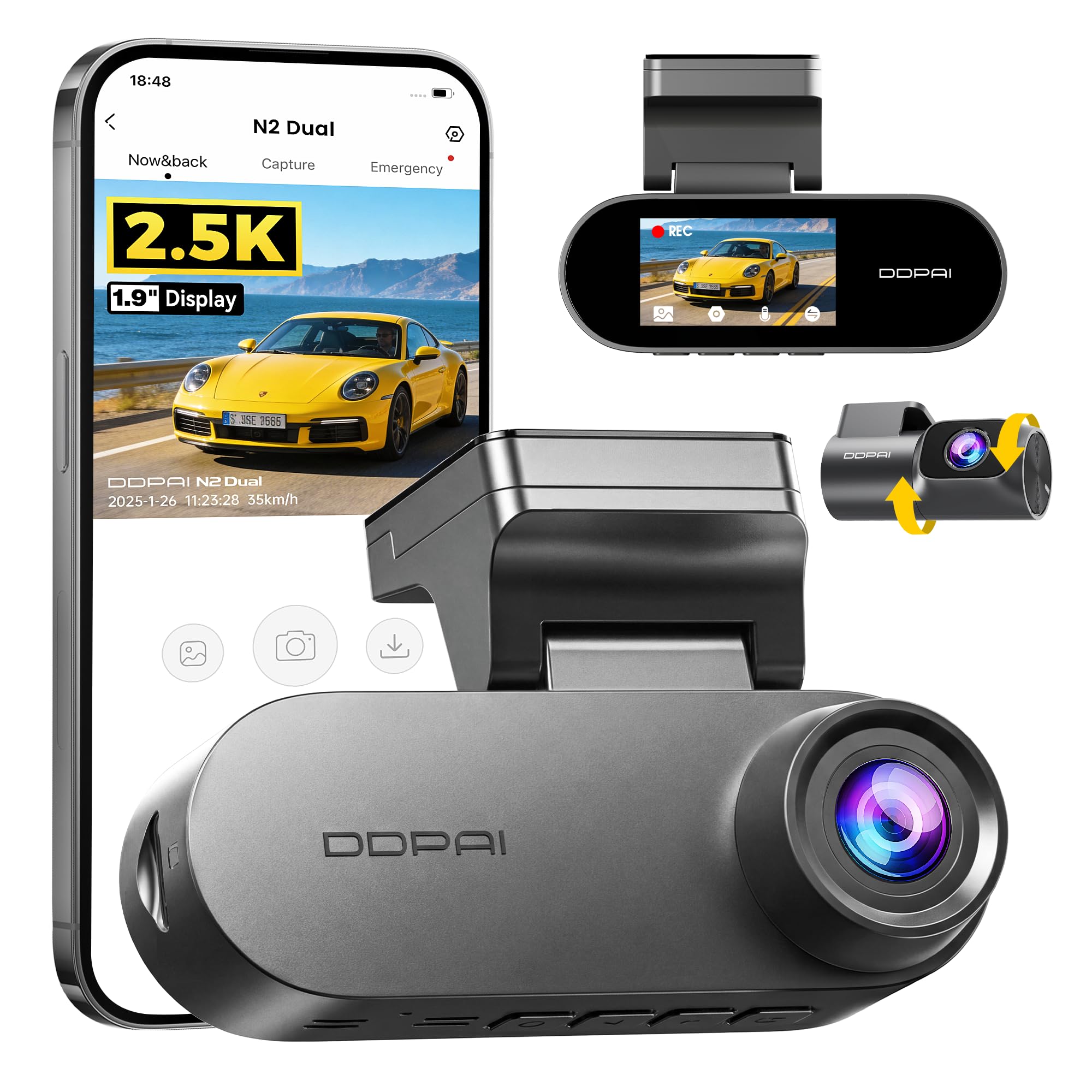 DDPAI Dual Dash Cam, 2.5K+1080P UHD Dash Cam Front and Rear, 1.9" Screen Dash Camera for Cars, AI ISP Night Vision, WDR, ADAS, 24H Parking Mode, Supports 256GB Max,N2 Dual