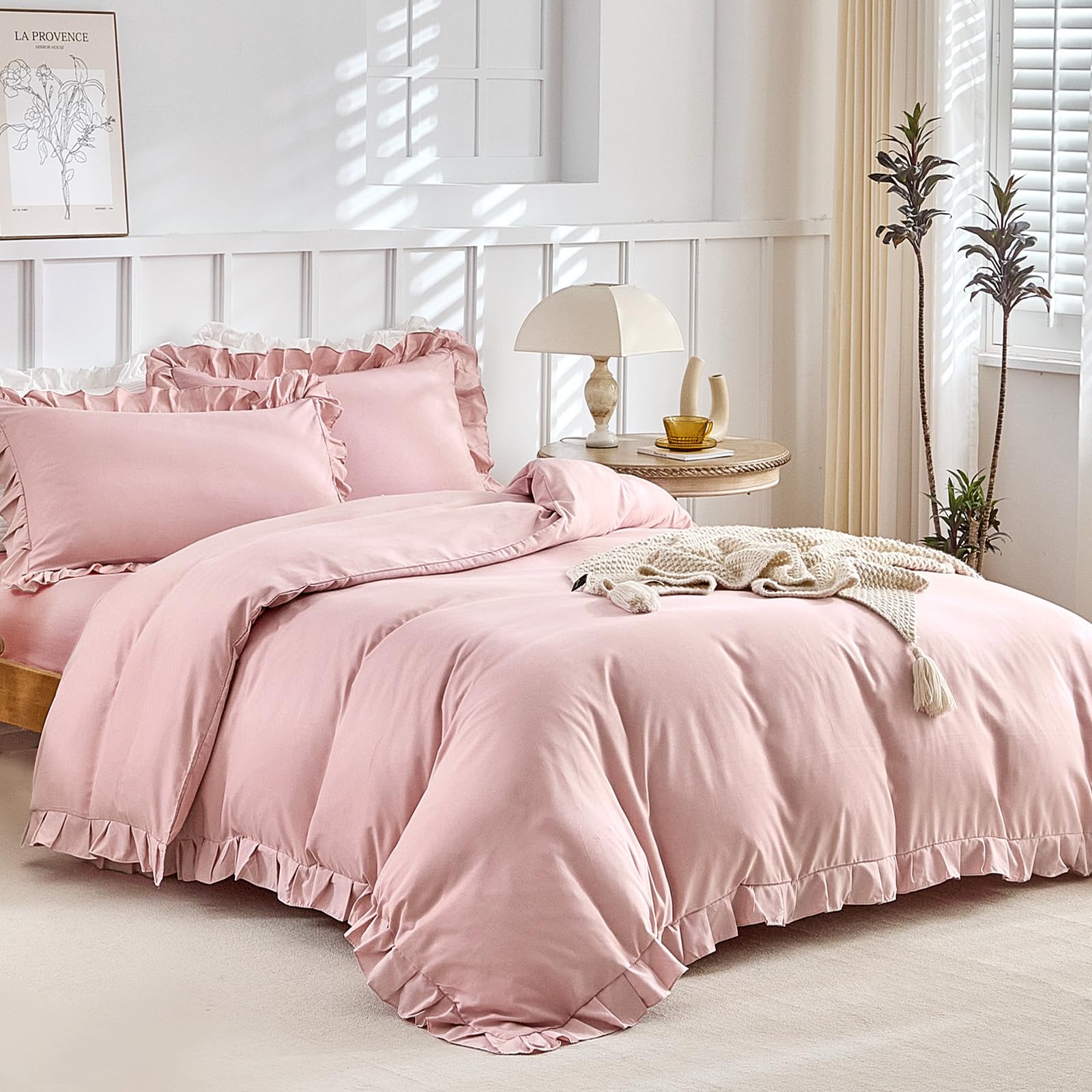 Tokokimo Pink Ruffle 4-Piece King Size Duvet Cover Sets with Fitted Sheet โ image 1