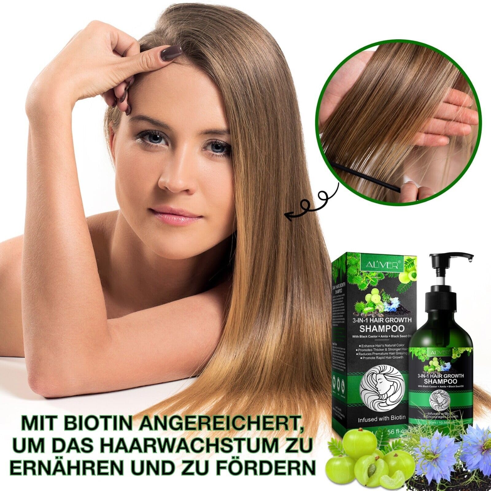 P-BEAUTY szampon na porost włosów 3 w 1, 3 x 300 ml, z olejkiem rycynowym, amla i olejkiem z czarnuszki, do pielęgnacji skóry głowy, wspomaga gęste i błyszczące włosy, wegański