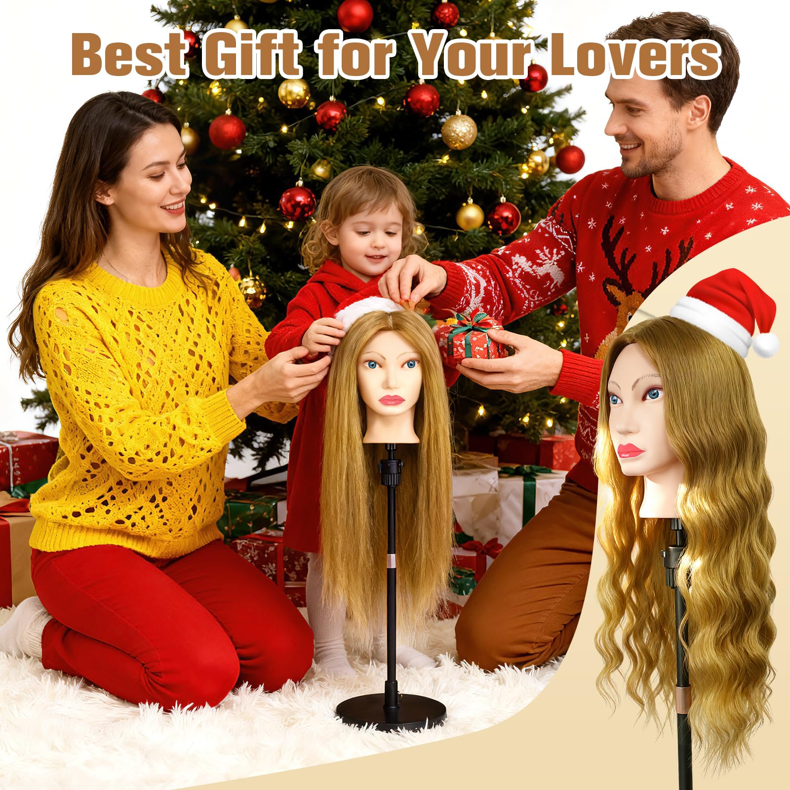 TopDirect Testa di manichino da 66 cm, 80% capelli veri, per cosmetologia, parrucchiere, manichino, con morsetto da tavolo + set per treccia (capelli dorati + occhi azzurri)