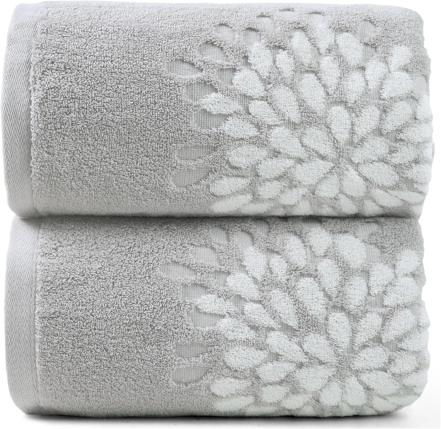 Light Grey Bath Towels Set of 2 - Soft Quick Dry Large 55” x 28”, Decorative Hydrangea Floral Jacquard, Bathroom & Guest Room