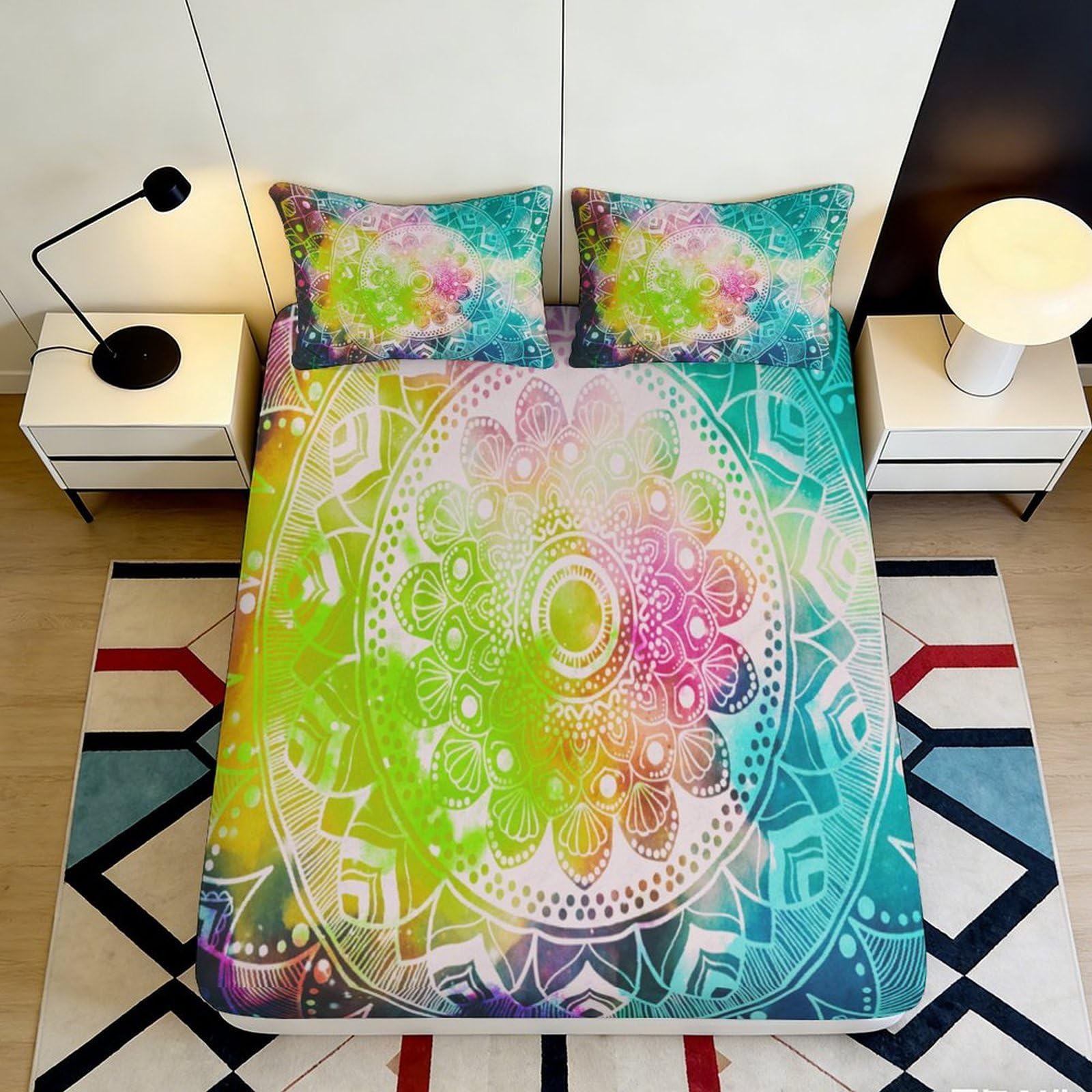 3D Printed Rainbow Mandala Fitted Sheet Microfiber Soft Breathable Abstract Splash Mattress Cover Bedroom Decor 90x200x25cm