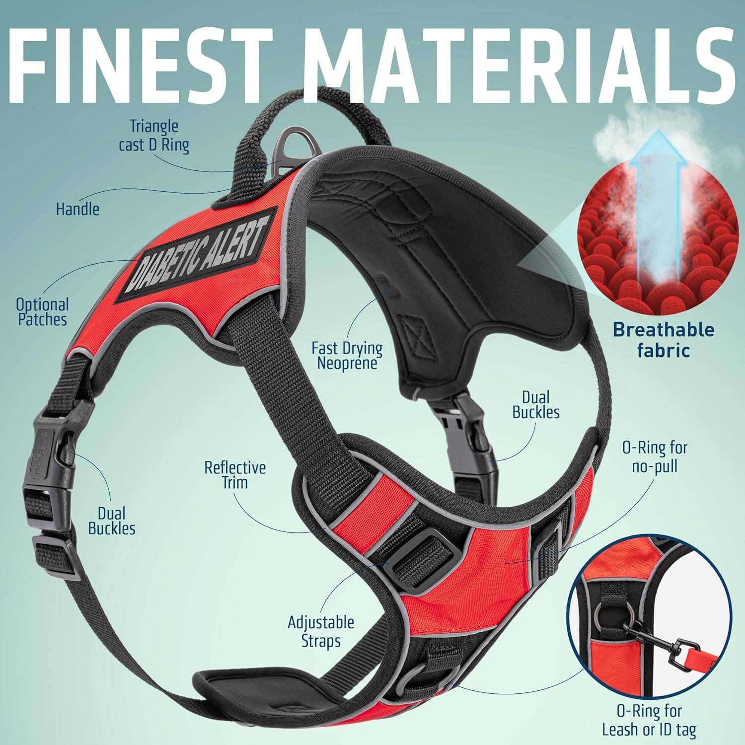 Dogline Quest No-Pull Dog Harness with Diabetic Alert Reflective Removable Patches Reflective Soft Comfortable Dog Vest with Quick Release Dual Buckles Black Hardware and Handle 36 to 45 inches Red