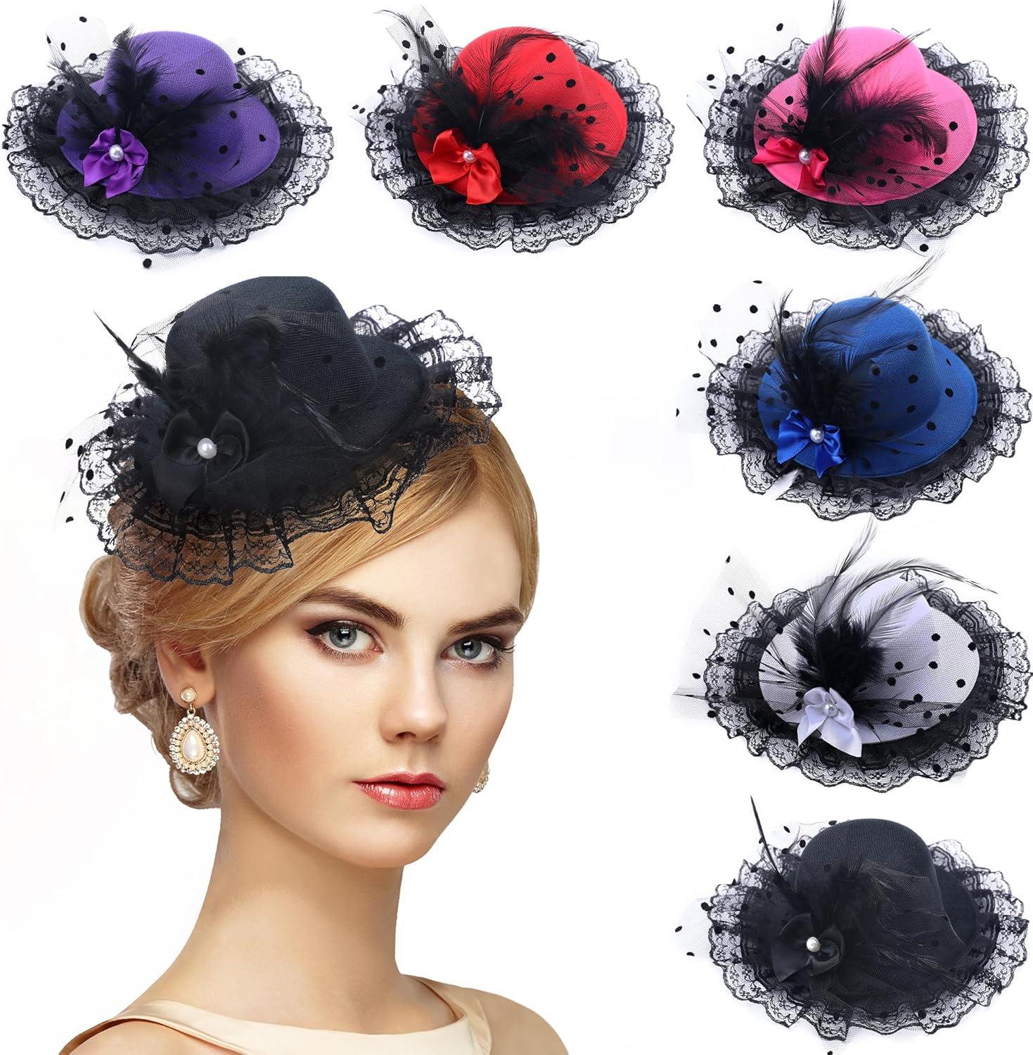 6pc Girls Mini Fascinator - Victorian Tea Party Derby Fascinators for Women Girl, 6 Pieces Small Clip-On Tea Party Kentucky Hats Hair Accessories