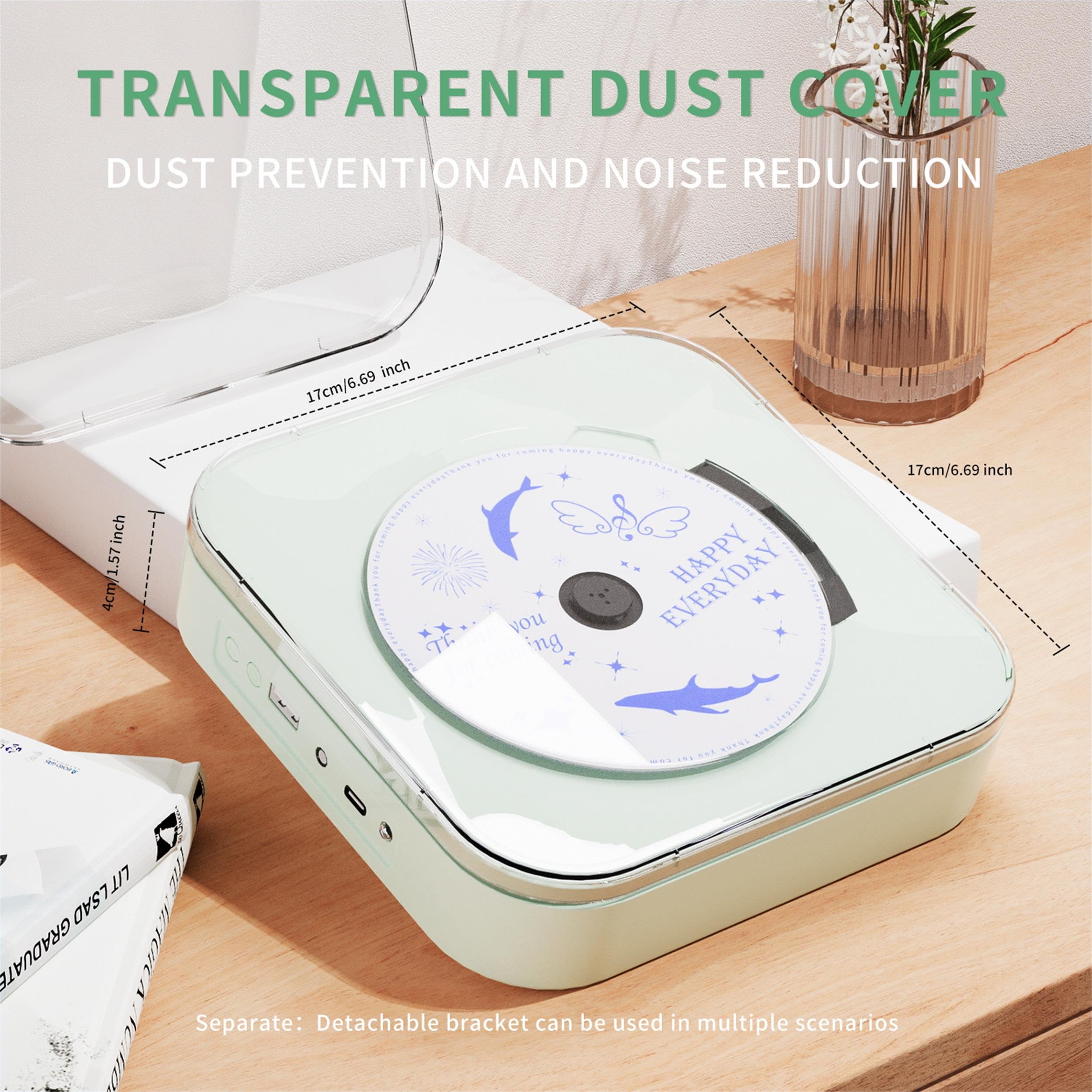 Lecteur CD avec couvercle transparent, Bluetooth, USB, haute fidélité, double haut-parleurs, batterie 2000 mAh