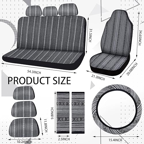 Miniatura 10 de Frienda Juego completo de 14 fundas de asiento de automóvil Baja con estampado bohemio de rayas multicolor para volantecinturón de seguridad,