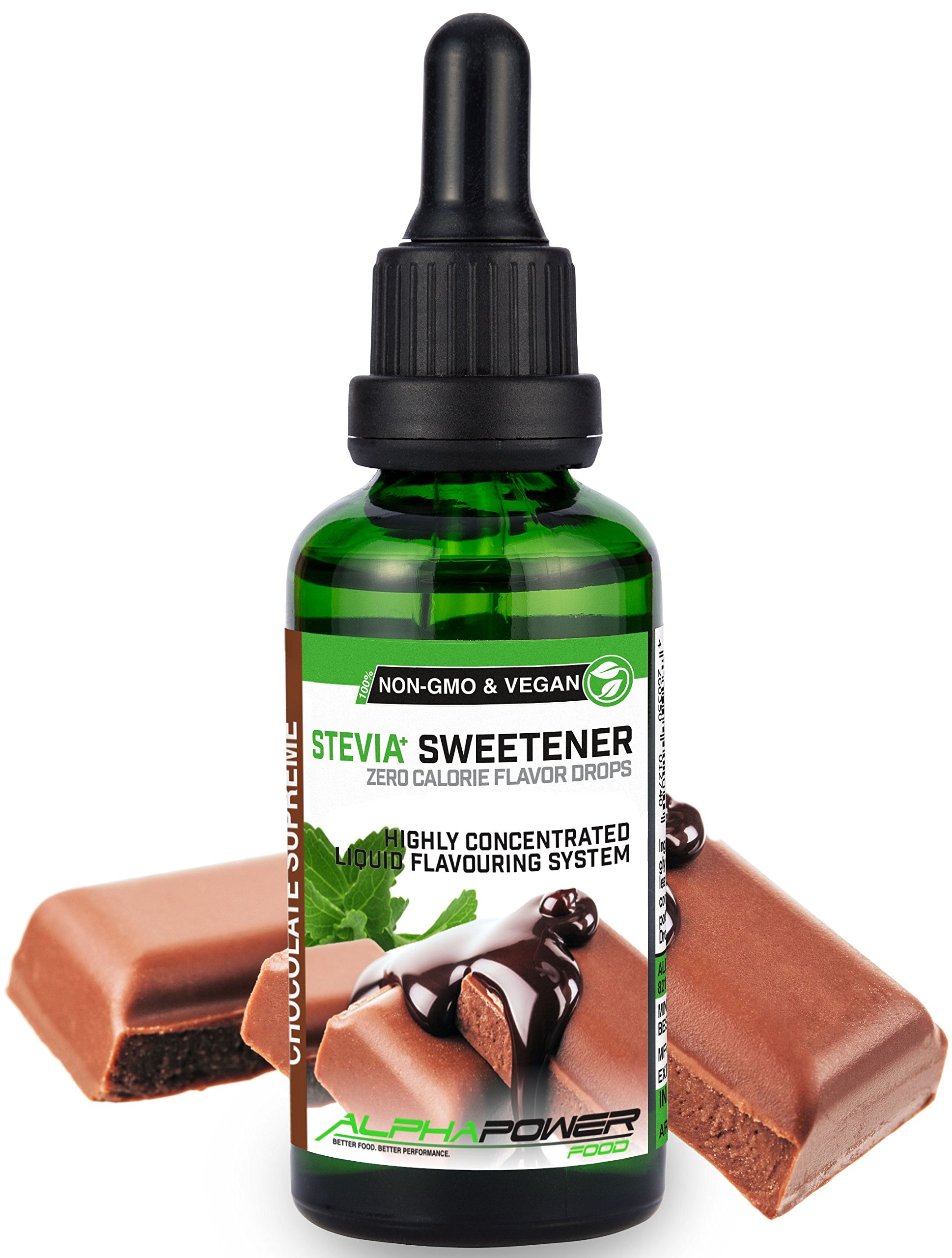 ALPHAPOWER FOOD | Stevia Flavour Drops czekolada | zamiennik cukru i aromat w jednym, bez cukru, wegańska i ze 100% naturalnego aromatu (1 x 50 ml)