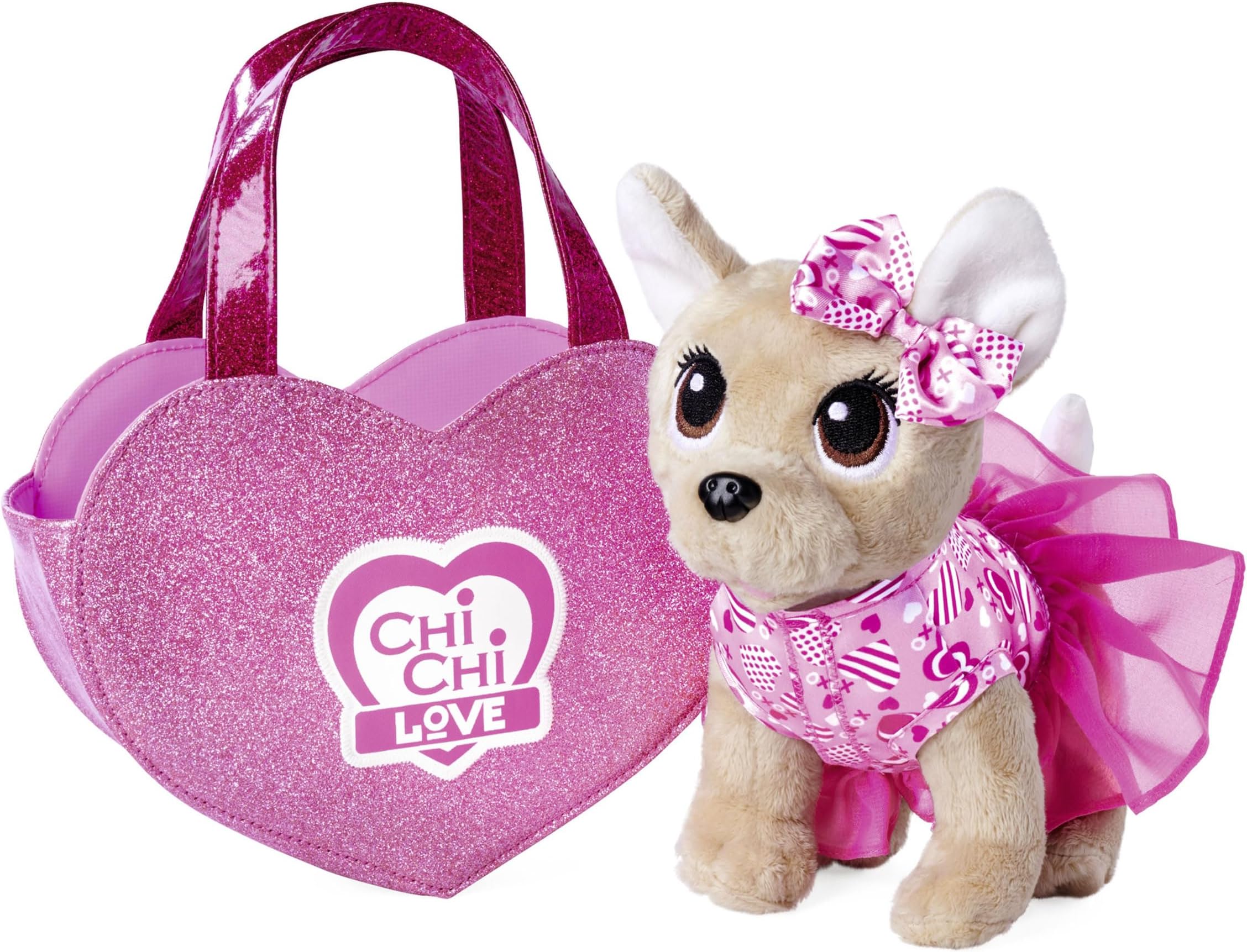 Simba 105890055 CCL-OVE Chi Chi Love Air, Chihuahua Plush Dog with Cute Sweet Dress and Bow, in Glitter Heart Bag, 20 cm, from 3 Years, Moyen
