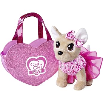 Simba Chi Chi Love is in the Air, Chihuahua Plush Dog with Cute Warm Dress and Bow, in Glitter Heart Bag, 20 cm, from 3 Years