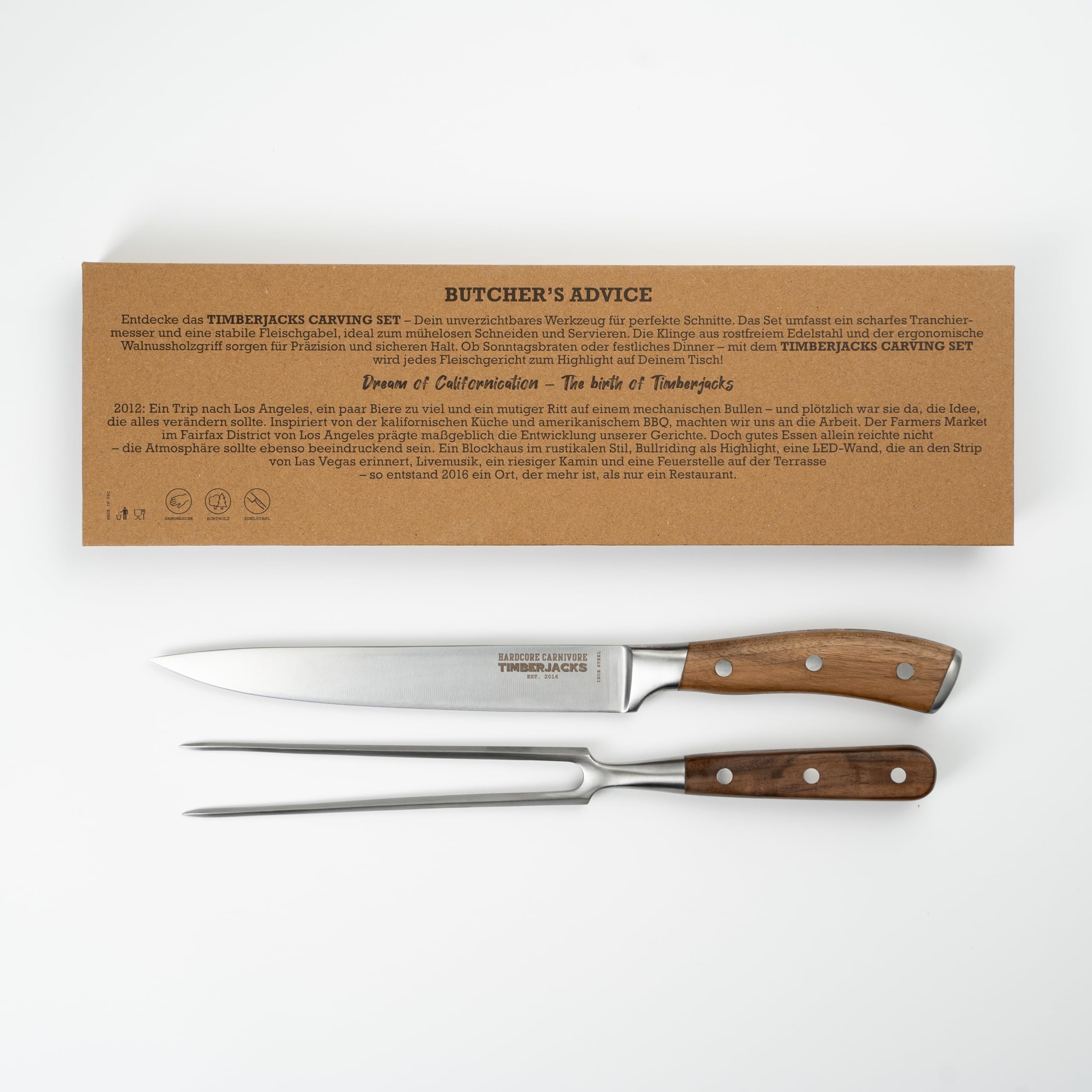 Timberjacks Carving Set, Tranchiermesser 36 cm und Fleischgabel 33 cm, Edelstahlklinge mit Walnussholzgriff, 2-teilig