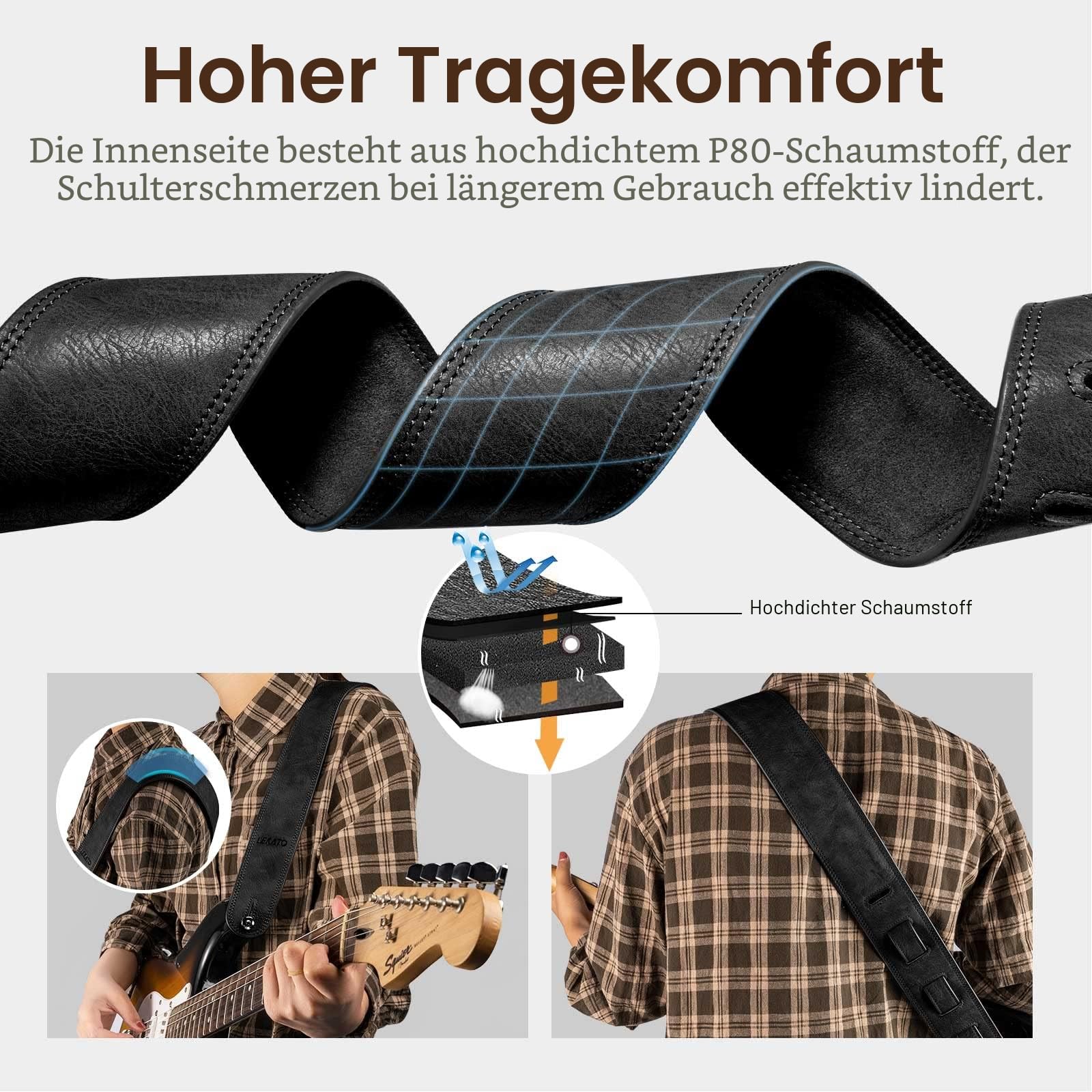 LEKATO Gitarrengurt aus Leder mit dicker Schaumstoffpolsterung, breiter Bassgitarrengurt für Bass, E-Gitarre, Akustikgitarre, klassische Gitarre, verstellbarer Ledergurt, Länge von 41" bis 51"