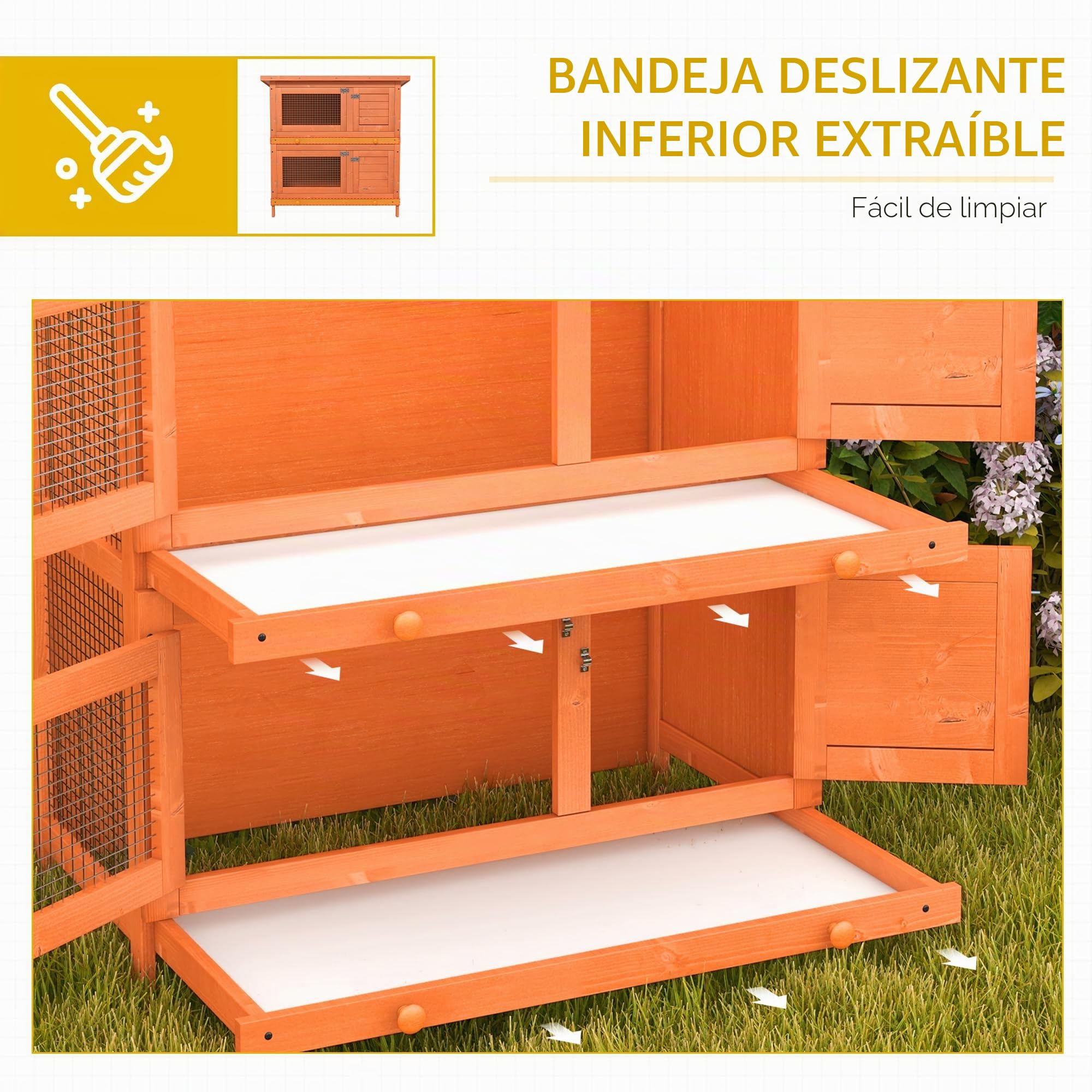 PawHut Jaula de Madera para Conejos de 2 Pisos con Bandeja Deslizante