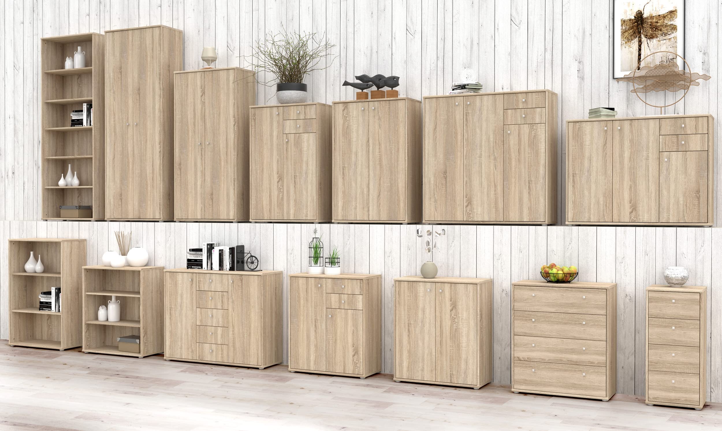 Newroom Kommode Sonoma Eiche Sideboard Modern - 108,8x111,1x34,8 cm (BxHxT) - Highboard Anrichte - [Albus.Two] Büro Arbeitszimmer Wohnzimmer