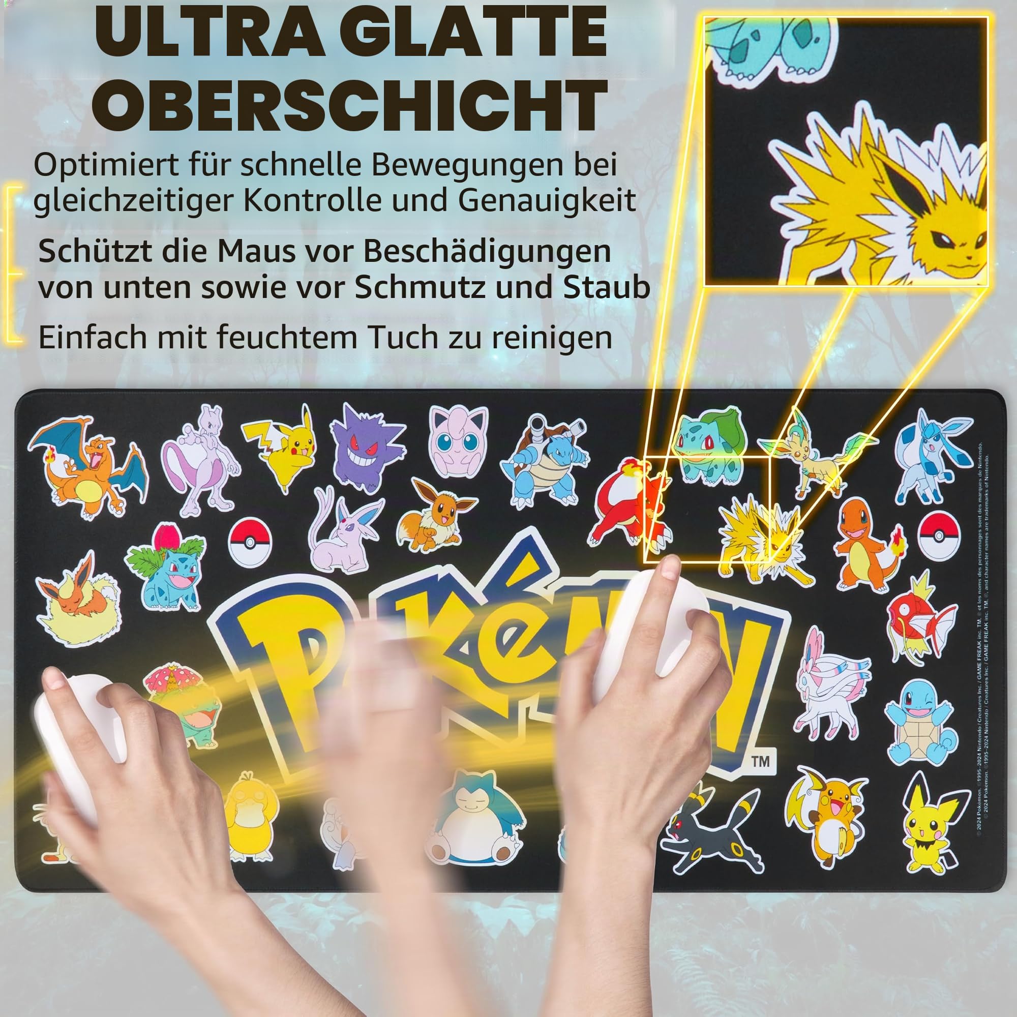 Pokemon Mauspad XXL 80x35 cm Schreibtischunterlage Groß Cooles Pikachu Mousepad Gaming rutschfest Schreibtisch Unterlage PC Gamer Mouse Pad (Schwarz)