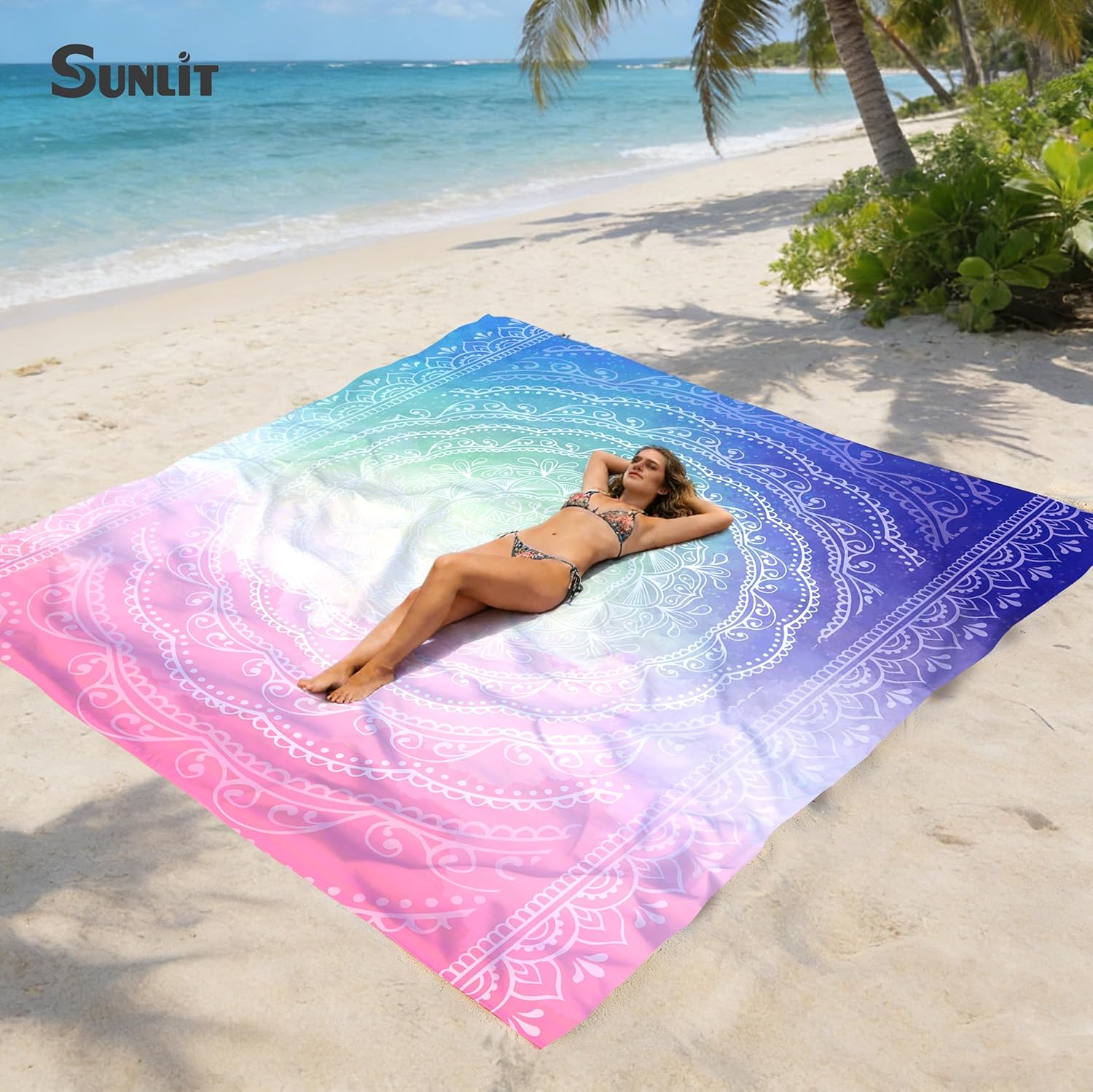 Sunlit Silky Soft Sand Proof Beach Blanket 106"x81" / 85"x72" Sand Proof Mat with Corner Pockets and Mesh Bag for Beach Party, Travel, Camping and Outdoor Music Festival, Mandala
