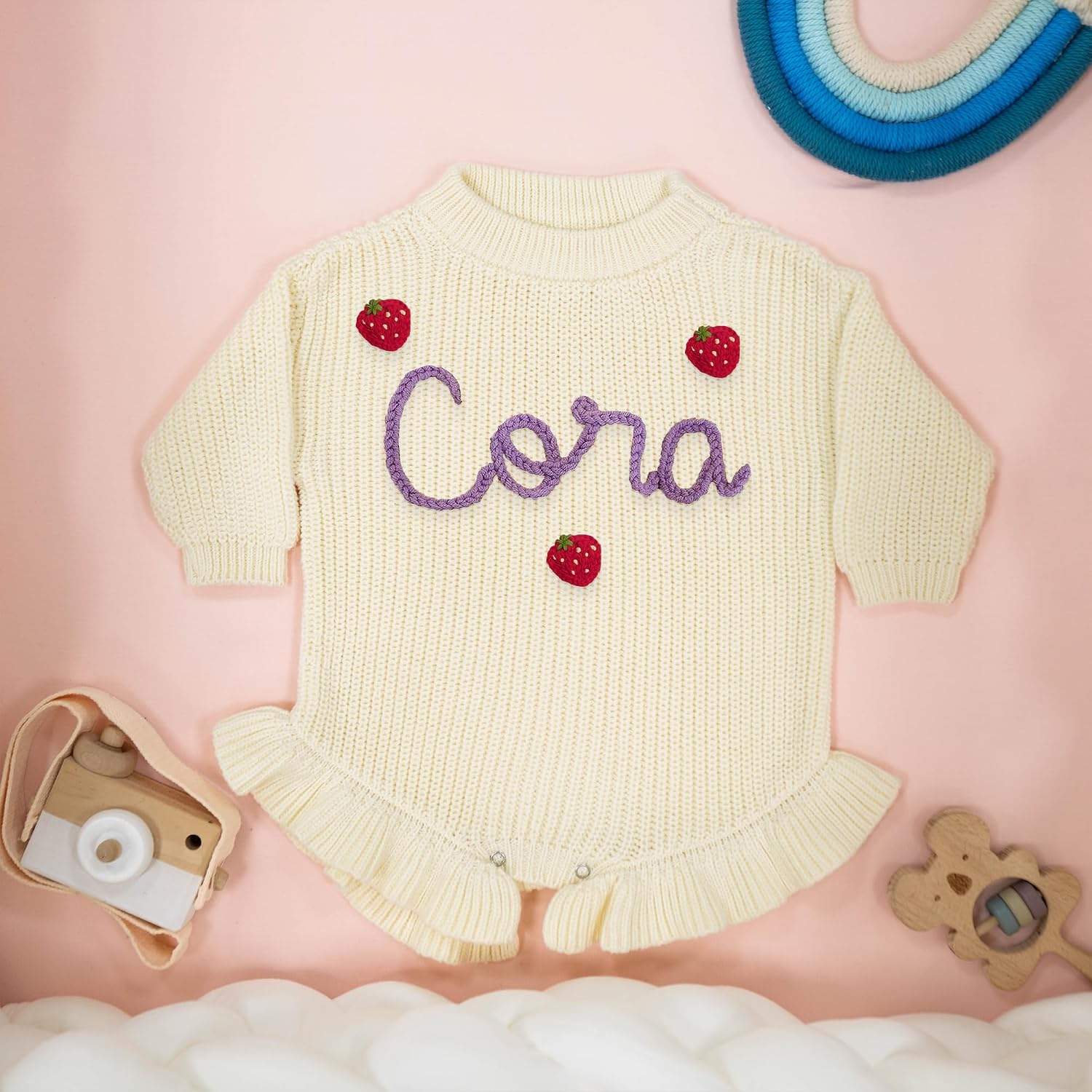 Knit Baby Romper, Custom Name Newborn Sweater, Personalized Infant Hand Embroidered Chunky Outfit
