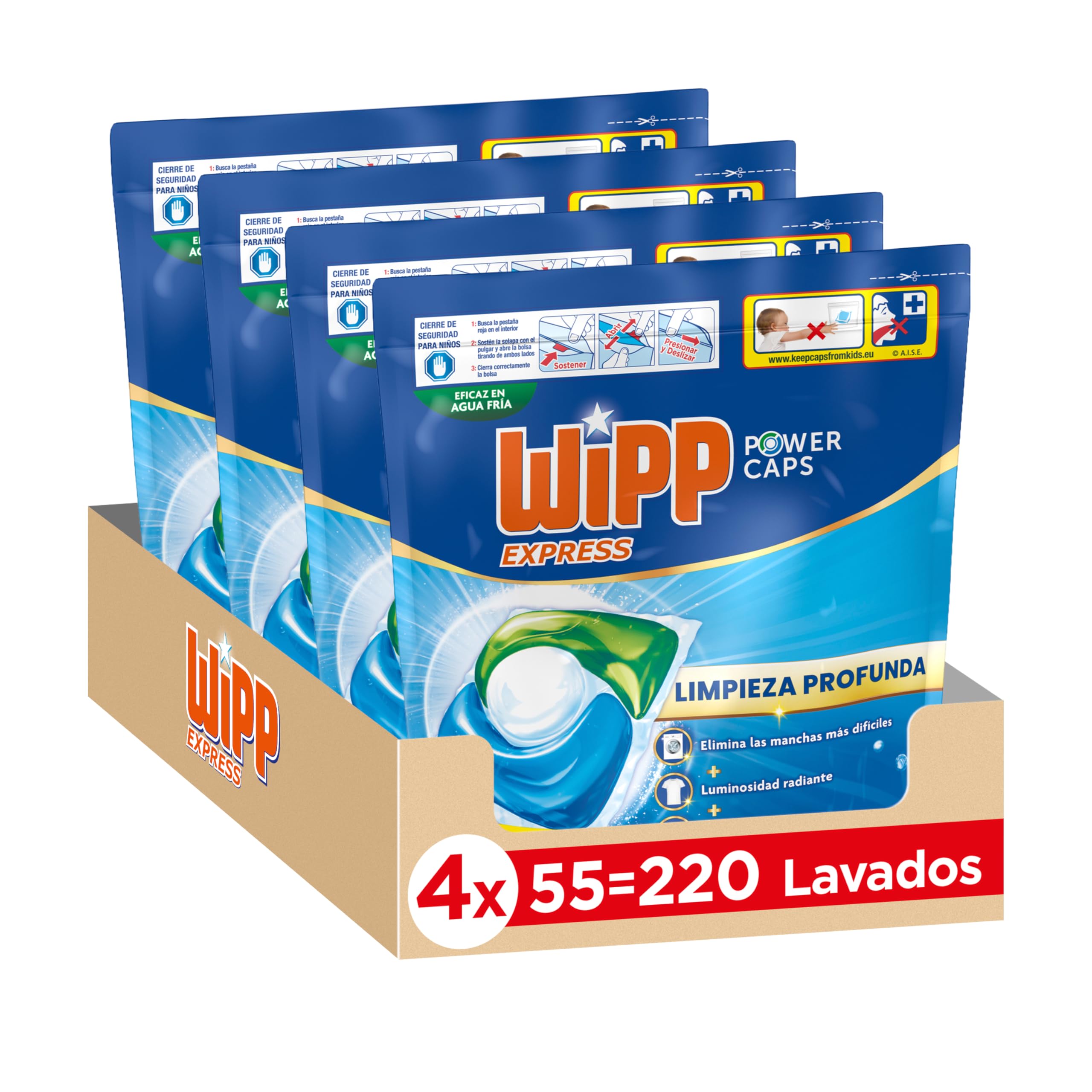 Wipp Express Power Caps (5 x 55), Detergente en cápsulas lavadora que proporciona luminosidad, pastillas lavadora para una limpieza profunda, hasta 30 días de frescor