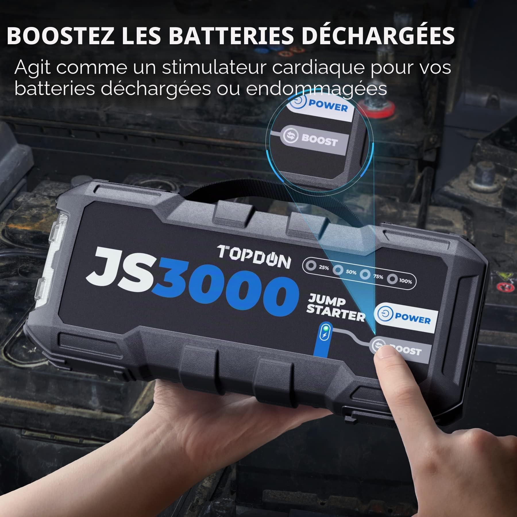 TOPDON JS3000 Booster Batterie, Demarreur Batterie Voiture 3000A/24000mAh Jump Starter pour Moteurs Diesel Jusqu'à 9L et 7L, avec Charge Rapide USB & Lampe Poche LED Intégrée
