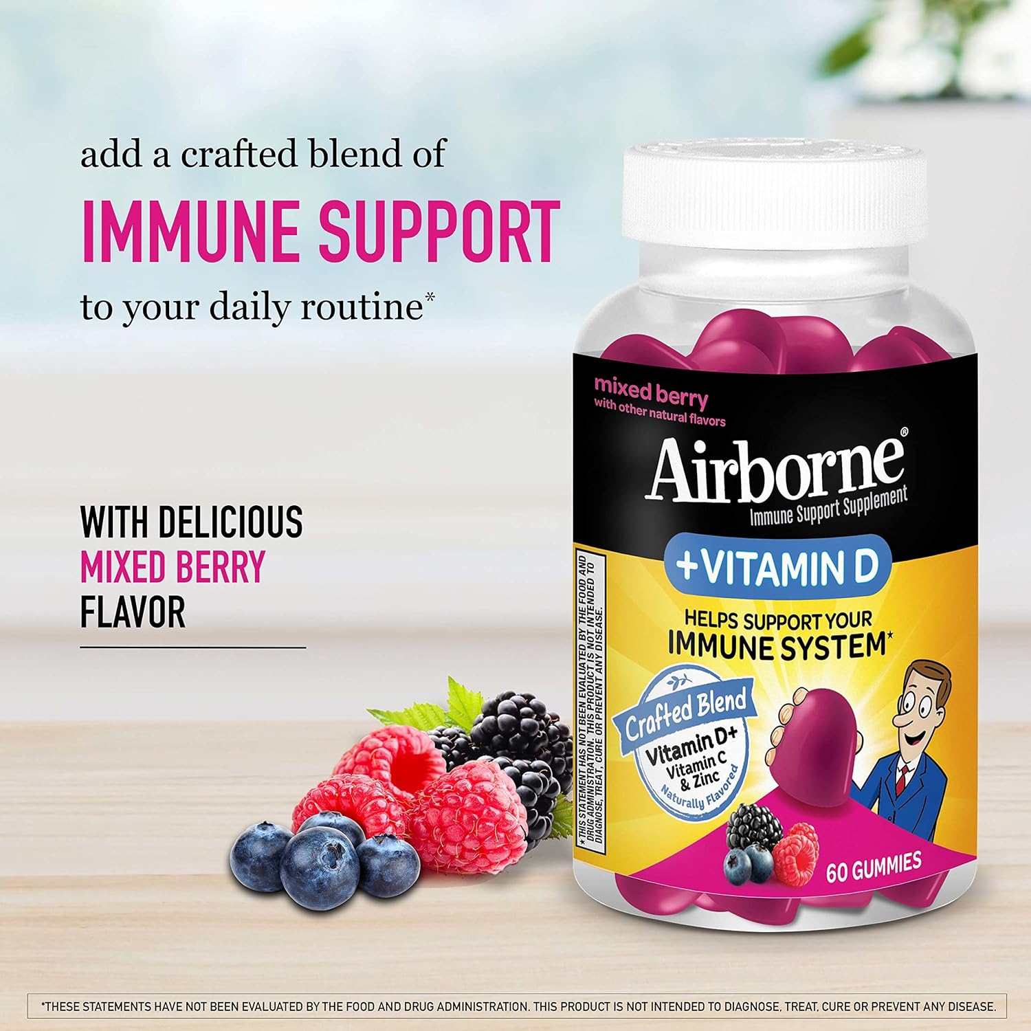 Airborne 180mg Vitamin C + Vitamin D with Zinc Gummies for Adults, Immune Support Supplement with Powerful Antioxidant Vitamins C & D - 60 Gummies, Mixed Berry Flavor