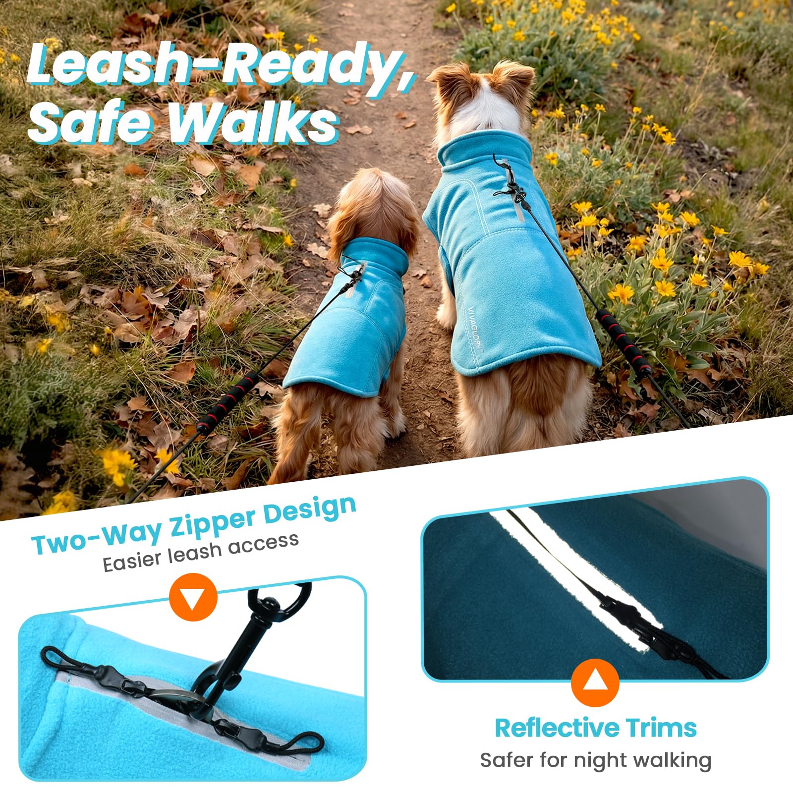 VIVAGLORY Gilet en Polaire pour Chien, Pull Chaud pour Temps Froid, Vêtements d’Hiver Ajustables, Manteau Réfléchissant, Petite Taille, Turquoise