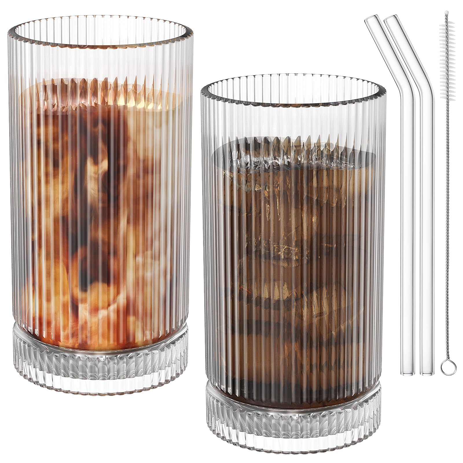 Bicchieri di vetro con cannucce, in vetro vintage a coste, per whisky, cocktail, birra, tazze da caffè freddo e bicchieri (confezione da 2)