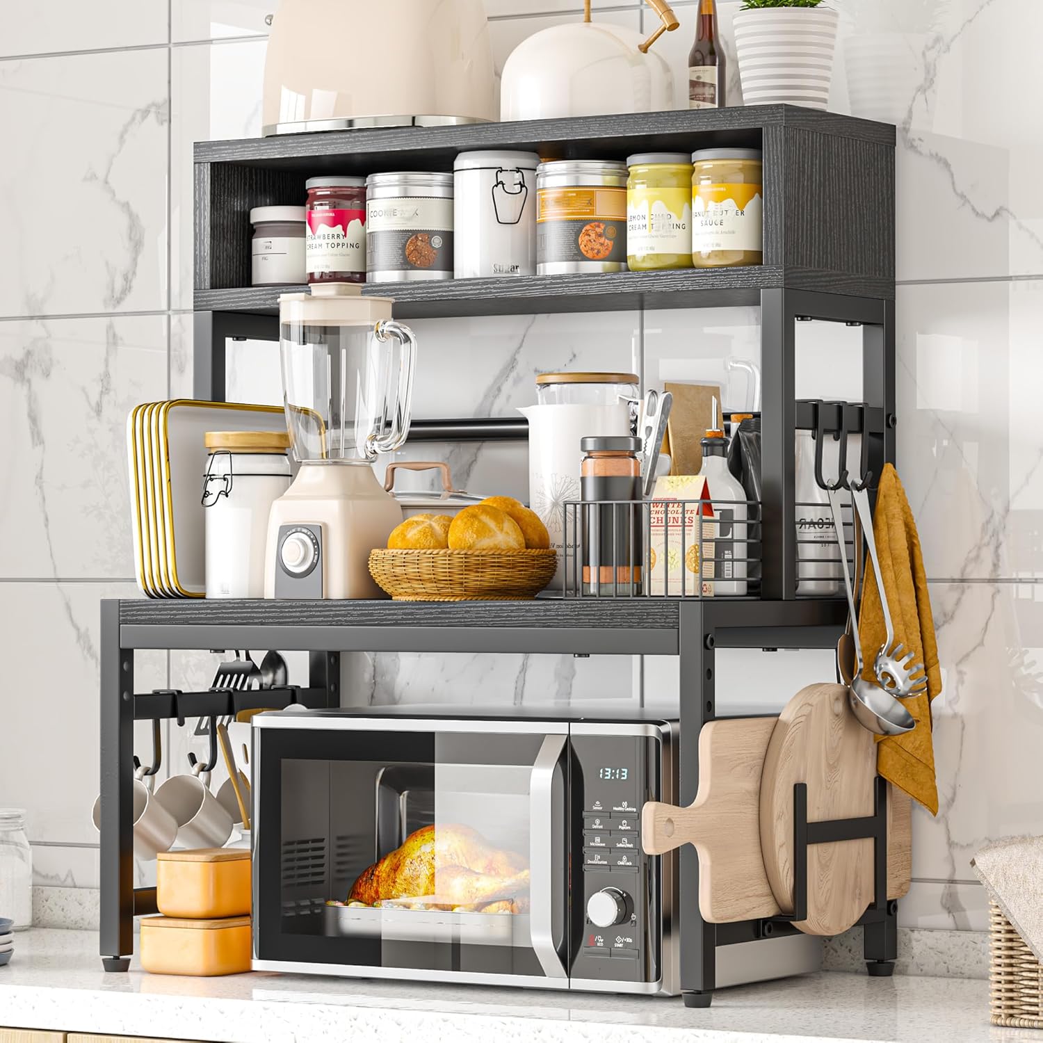 EnHomee Microwave Stand, 205LBS Microwave Shelf, Adjustable Countertop Shelf Heavy Duty 4-Tier with 9 Hooks for Kitchen Counter Organizer, Microwave Stand with Storage and Microwave Oven Rack (Black) EnHomee Microwave Stand, 205LBS Microwave Shelf, Adjustable Countertop Shelf Heavy Duty 4-Tier with 9 Hooks for Kitchen Counter Organizer, Microwave Stand with Storage and Microwave Oven Rack (Black)