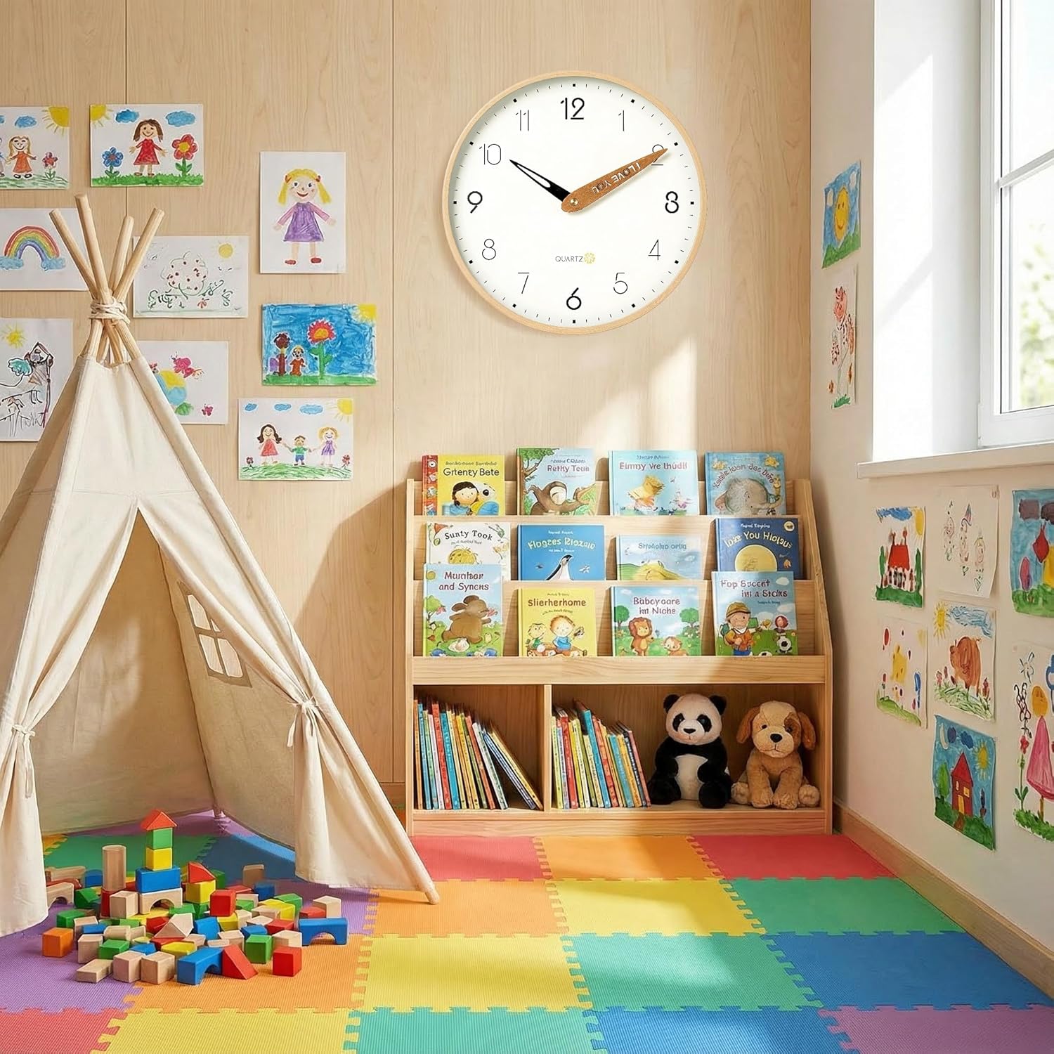 Topkey 12 Inch Silent Wall Clock for Kids - Wooden Look Non Ticking Clock, Playroom & Classroom Decor, Easy Install（Battery Operated - Light Wooden Brown