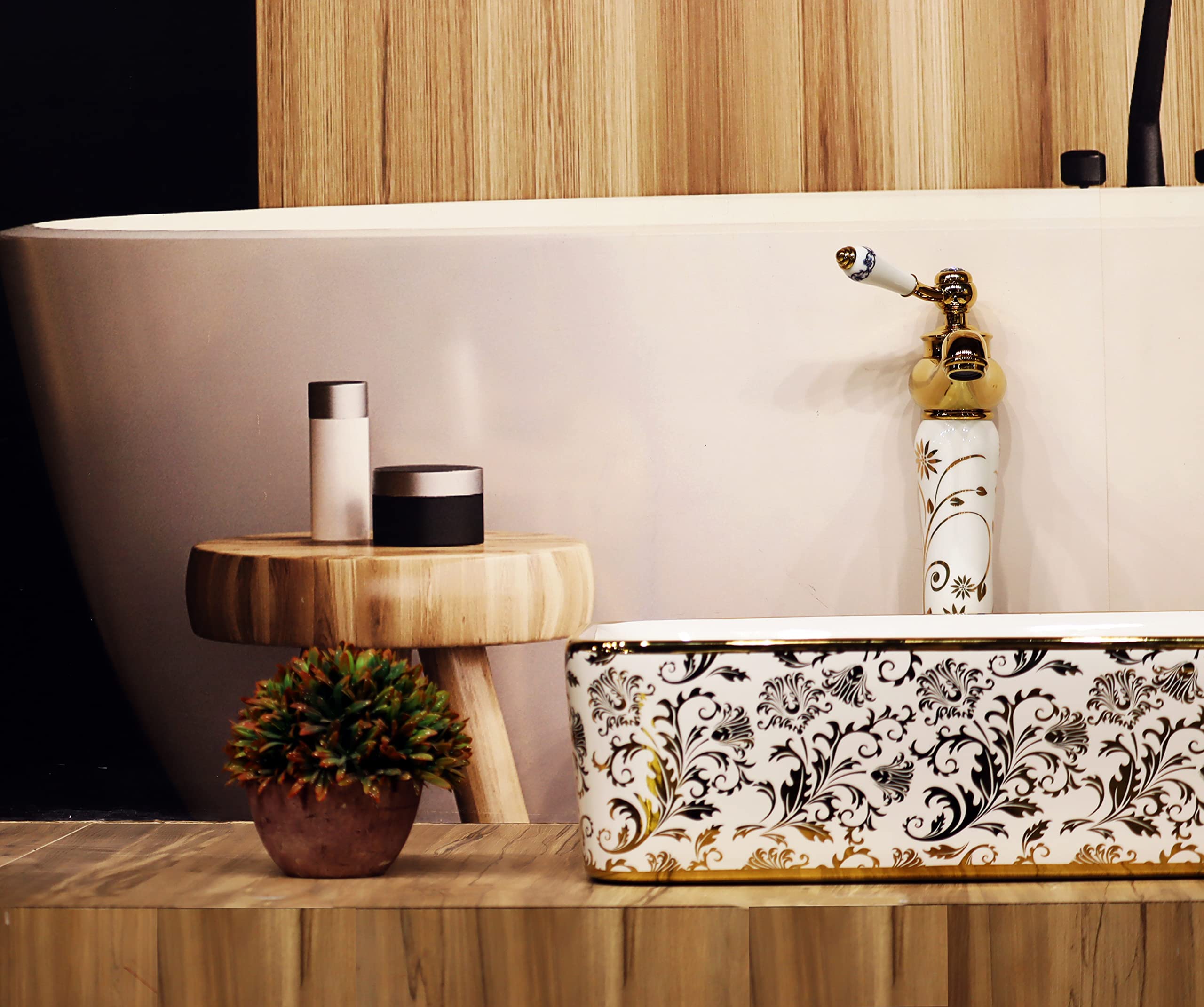 CLUSTER Designer Glossy Ceramic Table Top/Counter Top/Wash Basin For Bathroom And Livingroom Decor, White & Golden, Rectangular Shape Basin (18.8 x 14.5 x 5 Inch) (CLTT-172) 2