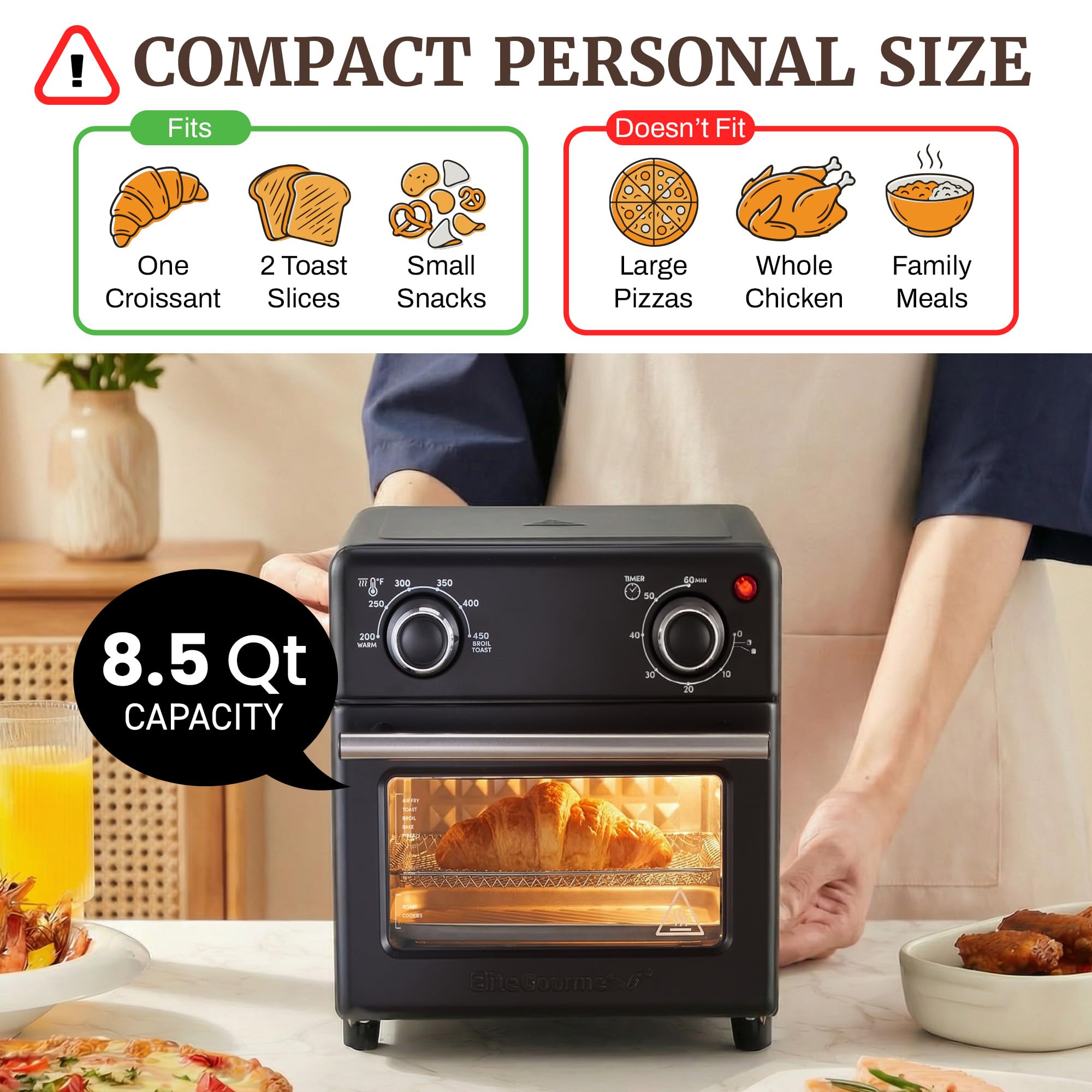 Elite Gourmet 8.5Qt Compact Mini Air Fryer Oven, 800W, Adjustable Controls view 5