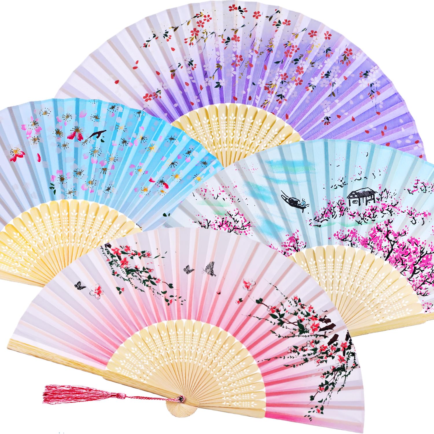 Zonon Hand Held Fans Silk Bamboo Fans with Tassel Pink, Purple, Sky Blue, Foldable, Lightweight, Floral Pattern, 8.3" Folded x 15" Unfolded