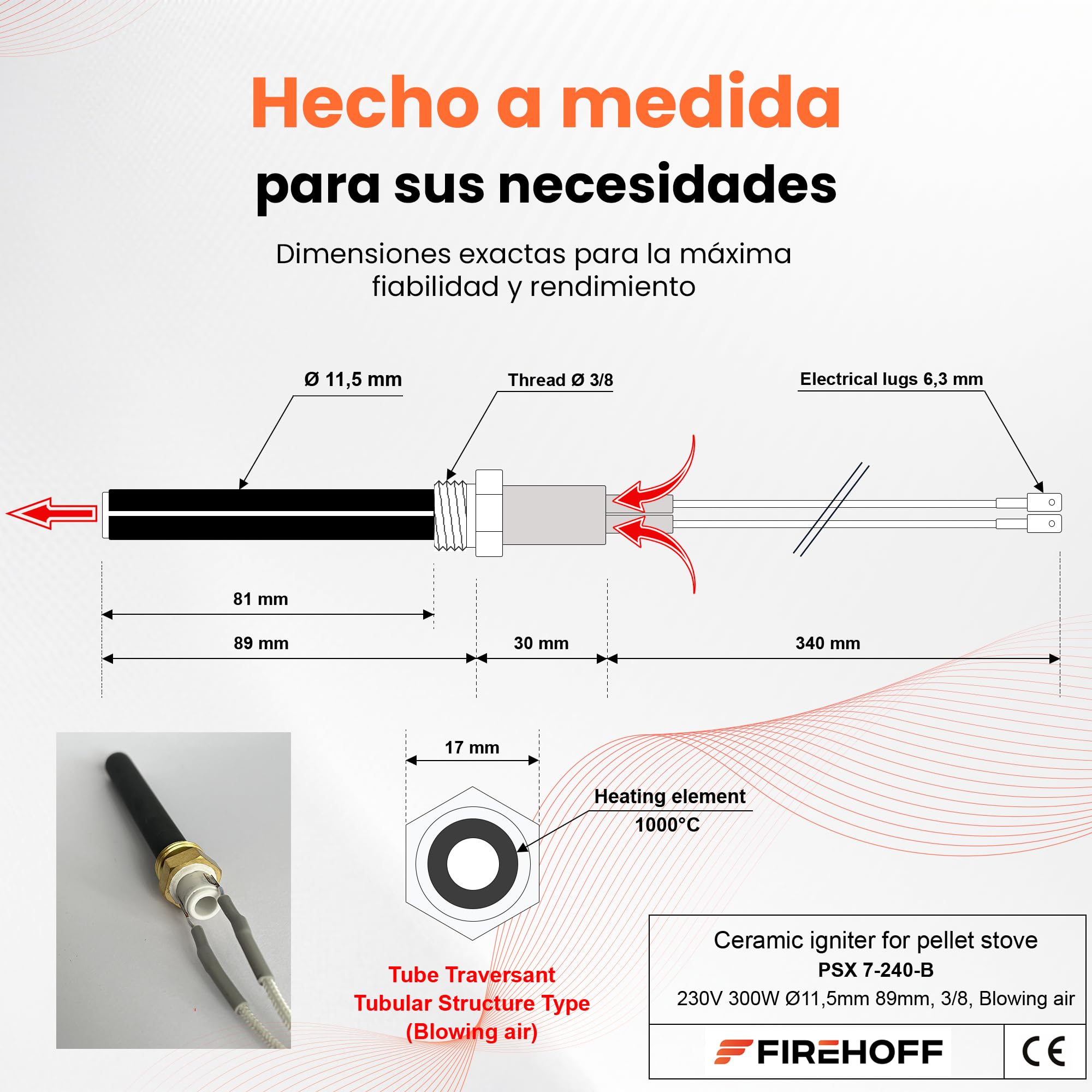 Bujía cerámica para estufa de pellets JOLLY MEC/HAAS+SOHN/BESTOVE/DEVILLE – PSx 7-240-B – 300W, Ø11,5mm, 89mm, rosca 3/8, Modelo perforado – Pieza OEM origen JAPÓN – GARANTÍA 2 años