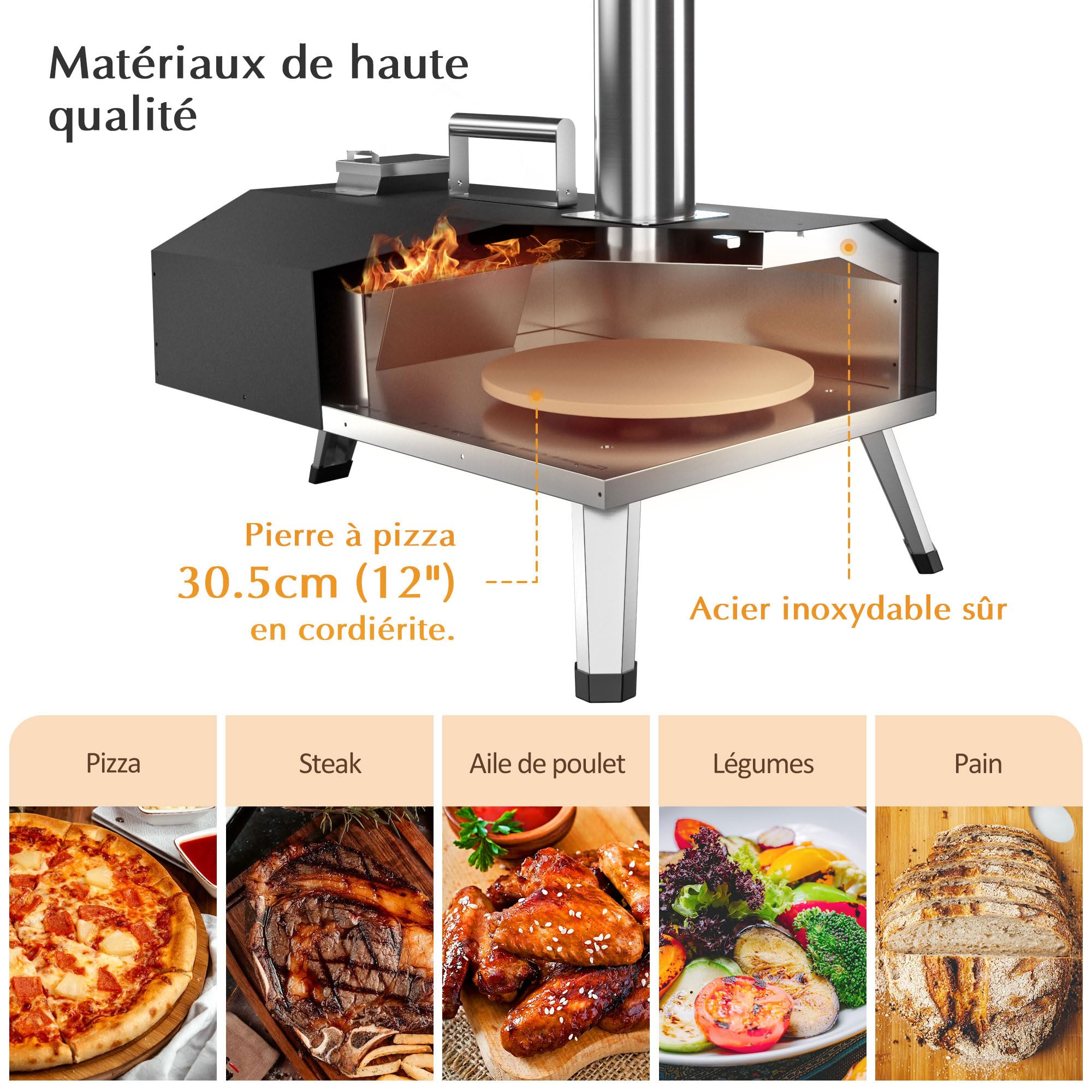 Four a Pizzas extérieurs à bois: KitchenBoss aciers inoxydables portable grille pizza avec pierre tournante de jardin avec granulés Combustible approprié : granulés, Charbon et briquettes
