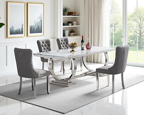 Miniatura 45 de Juego de mesa de comedor de 7 piezas, color blanco y plateado, mesa de cocina moderna de mármol sintético de 68 pulgadas con 6 sillas tapizadas Mesa
