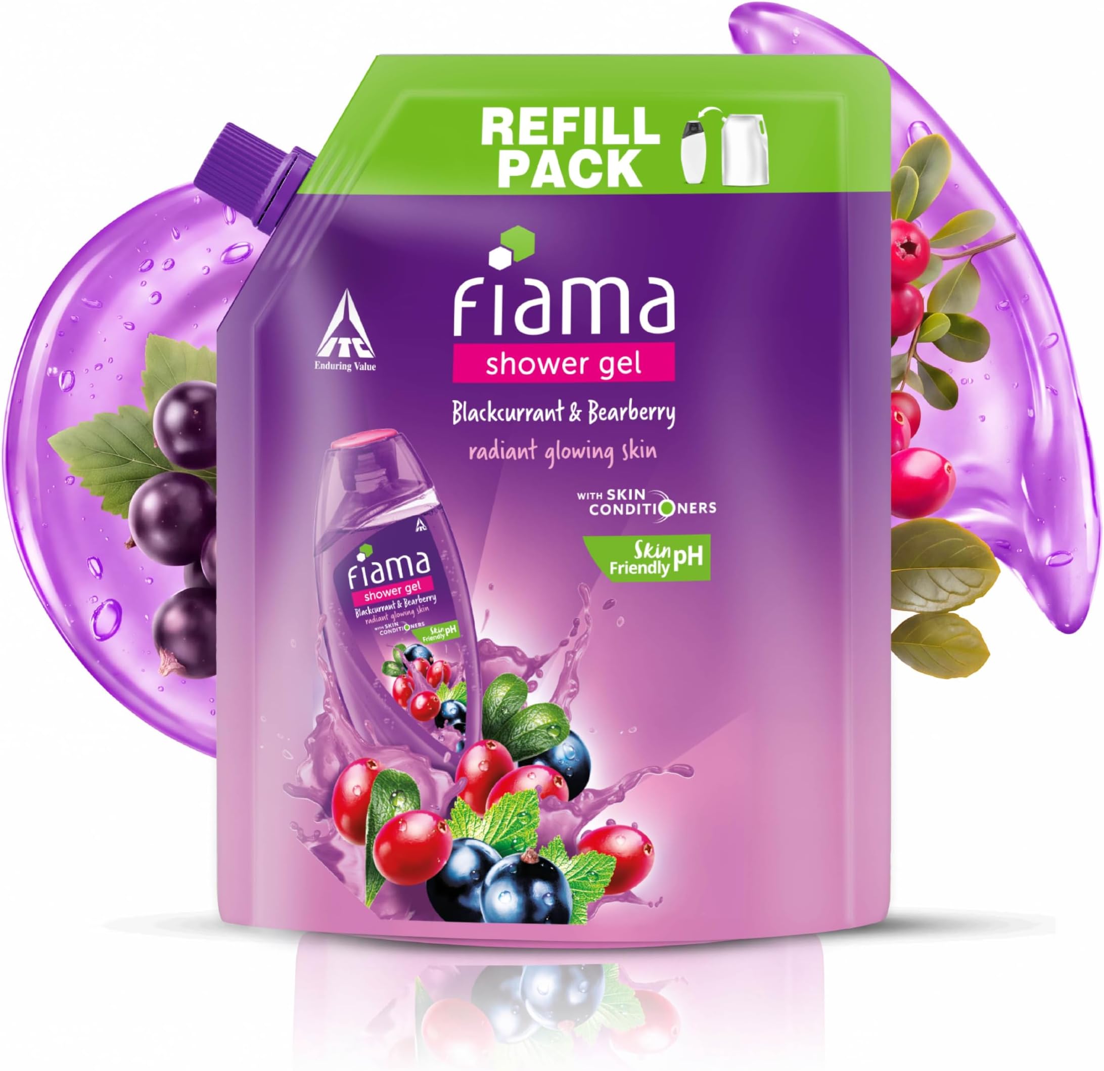 Fiama Body Wash Shower Gel Blackcurrant & Bearberry, 1.3L Bodywash Refill Value Pouch for Women & Men with Skin Conditioners for Radiant Glow, Skin Friendly pH