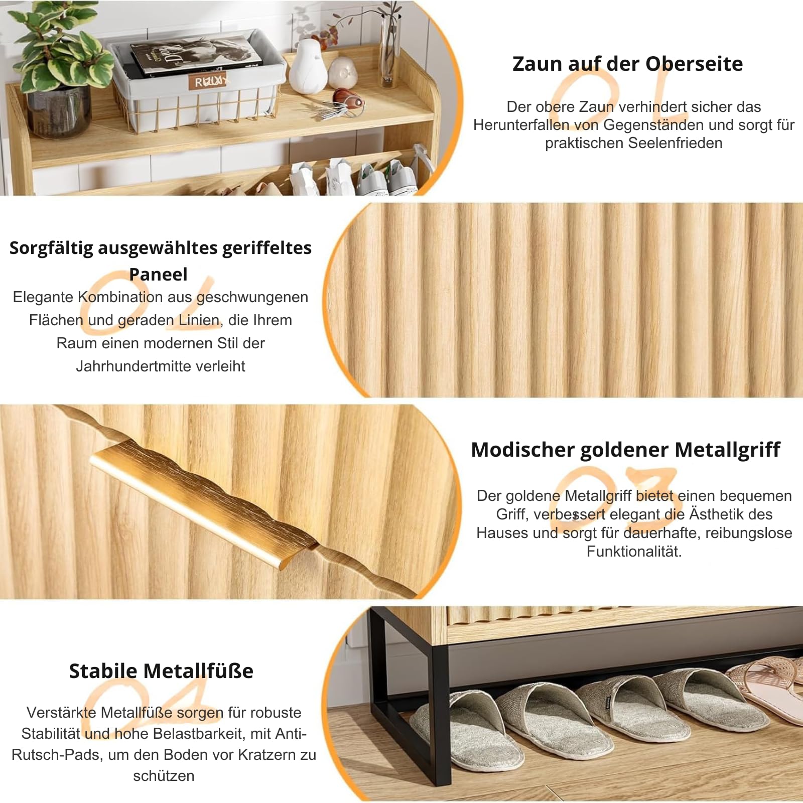 LEADZM Schuhschrank schmal,Schuhkipper mit 2 Flip-Schubladen Schuhregal mit Metallfüßen Trennwand verstellbar für den Eingang, Flur, Wohnzimmer 80x24x101cm(Eiche)