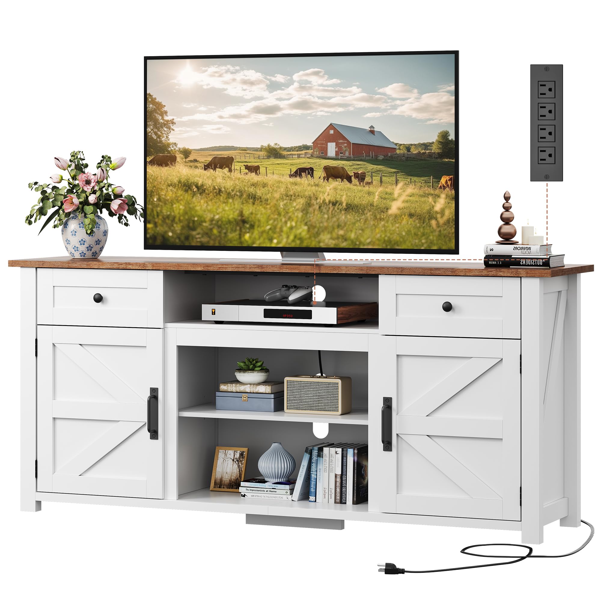 WLIVE TV Stand for 65 70 75 inch TV, Modern Farmhouse Entertainment Center with Built-in Power Outlet, TV Console with Storage Cabinets & Drawers for Living Room, White