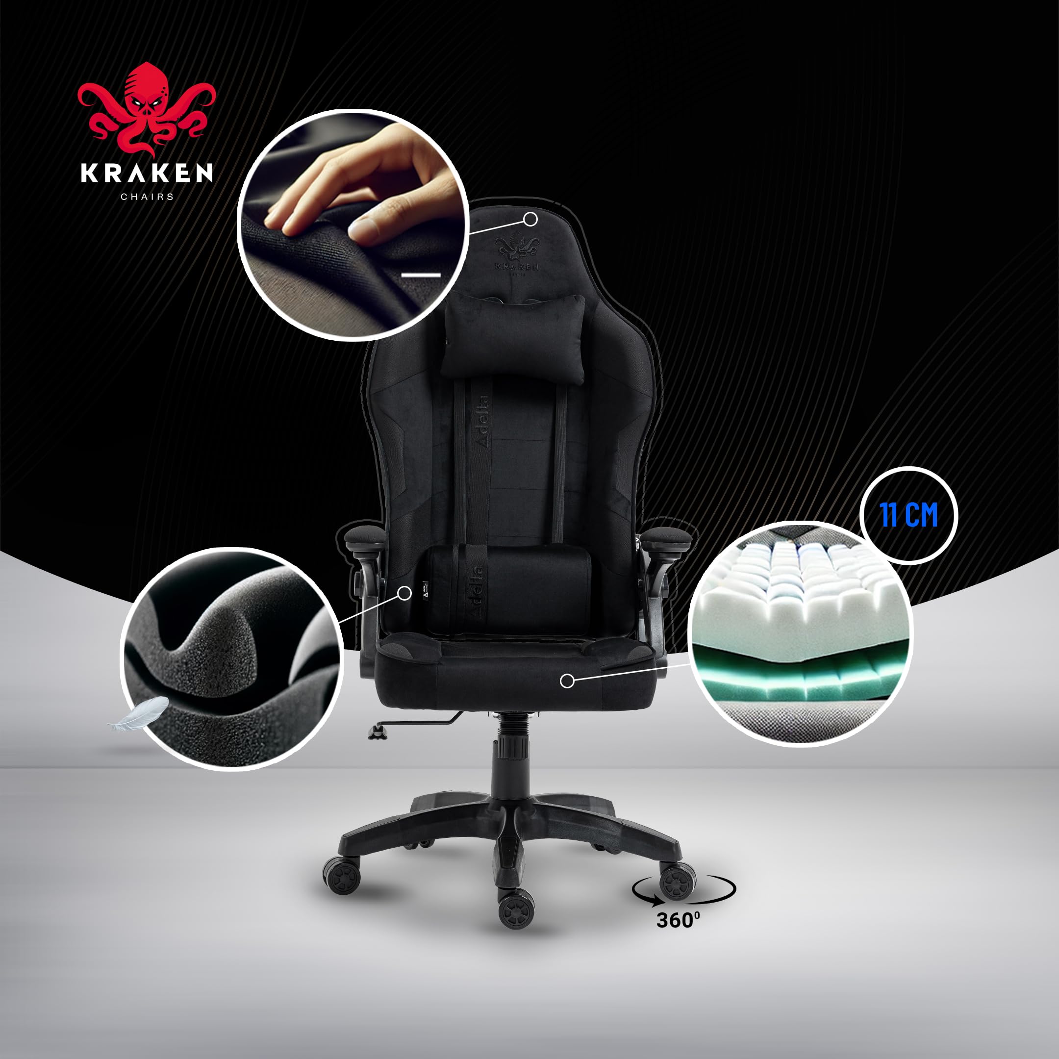Gaming Stuhl Stoff Samt Ergonomisch - Schwarz Gamer Stuhl Mit Lendenkissen, Kopfkissen, 2D Armlehnen Und Wippfunktion, Bürostuhl Mit 120° Rückenlehne, 130 kg Belastbarkeit