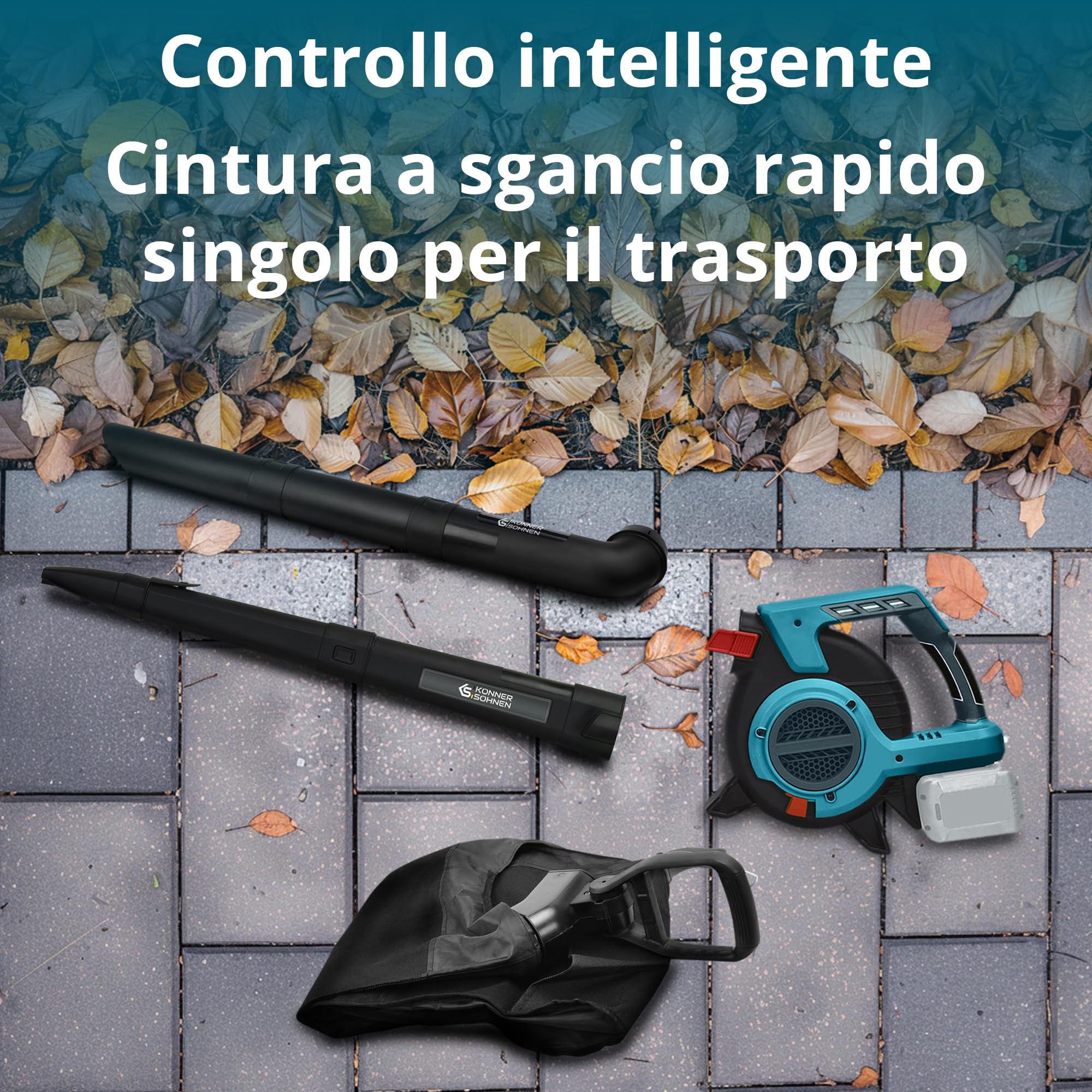 Aspirapolvere da giardino a batteria con funzione di triturazione delle foglie KS LBV-40V, tensione nominale 40 (20+20) V, regime minimo 1630 giri/min, volume del sacco aspirante 45 l